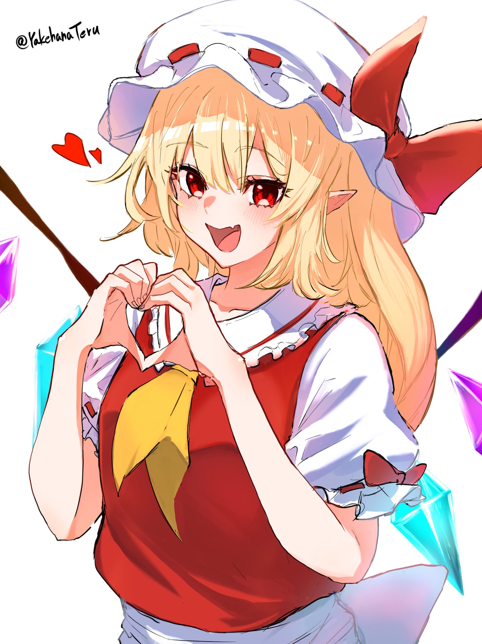 yakehanateru, flandre scarlet, touhou, commentary request, highres, 1girl, :d, blonde hair, blush, bow, crystal, crystal wings, fang, frills, hair between eyes, hat, hat bow, heart, heart hands, long hair, looking at viewer, mob cap, neckerchief, open mouth, own hands together, pointy ears, puffy short sleeves, puffy sleeves, red bow, red eyes, red vest, shirt, short sleeves, simple background, skin fang, smile, solo, twitter username, upper body, vest, white background, white hat, white shirt, wings, yellow neckerchief