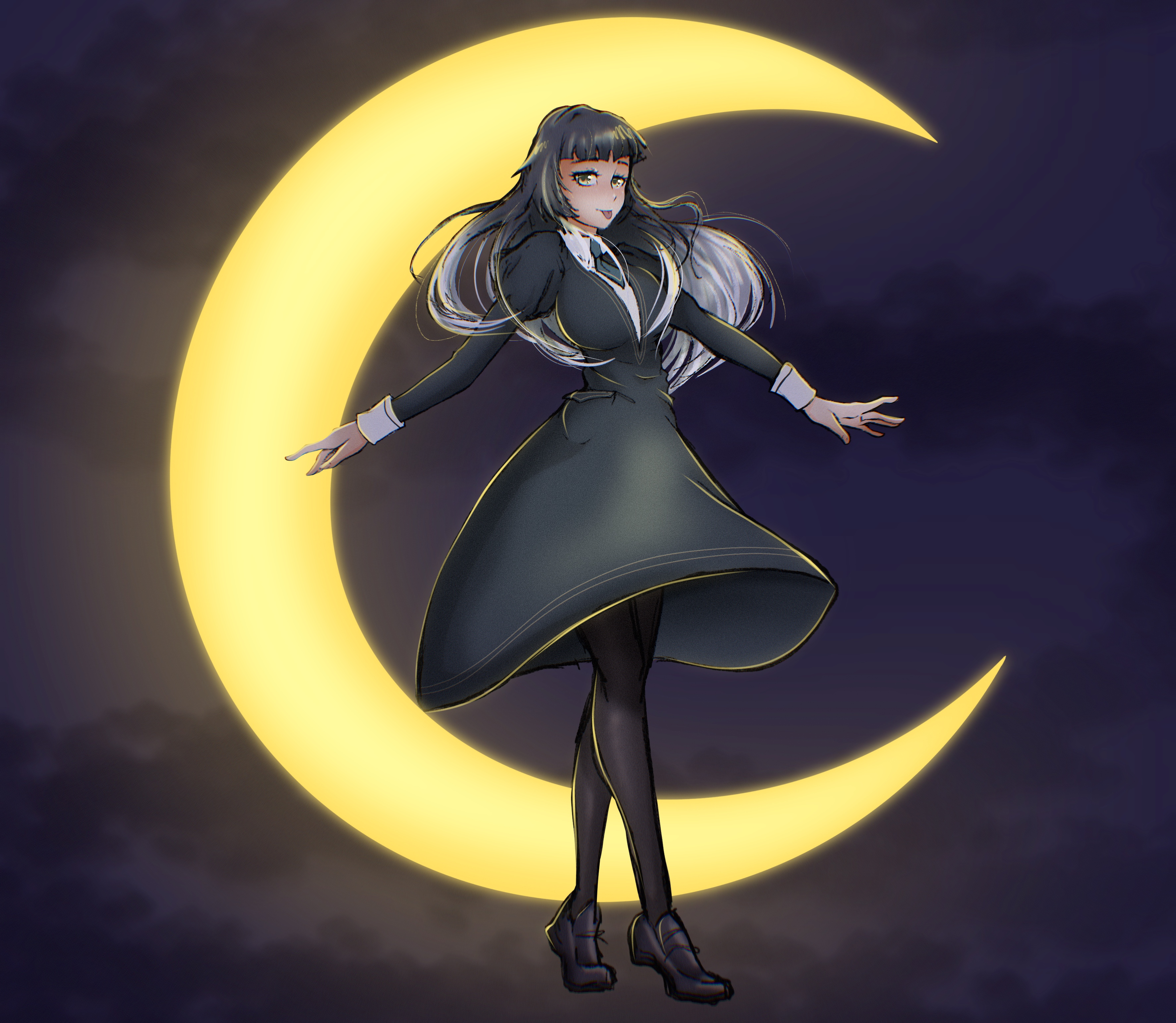 drawfag, miyao nemu, witch watch, absurdres, artist request, bad link, highres, 1girl, black dress, black pantyhose, black shoes, breasts, cosplay, dress, full body, full moon, grey hair, long hair, long sleeves, magami keiko, medium breasts, miyao nemu (cosplay), moon, pantyhose, shoes, solo, tongue, tongue out