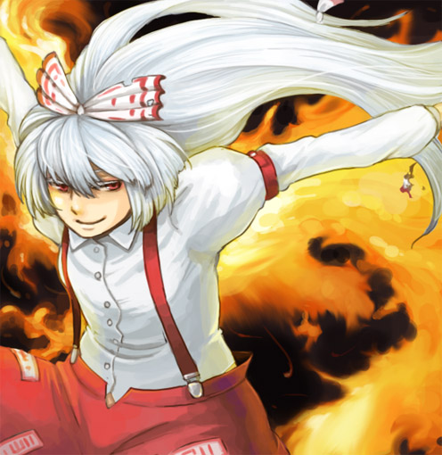 taka mine, fujiwara no mokou, touhou, silver hair, bad id, bad pixiv id, 1girl, female focus, fire, hair ribbon, long hair, pants, red eyes, ribbon, shirt, smile, solo, suspenders, white shirt