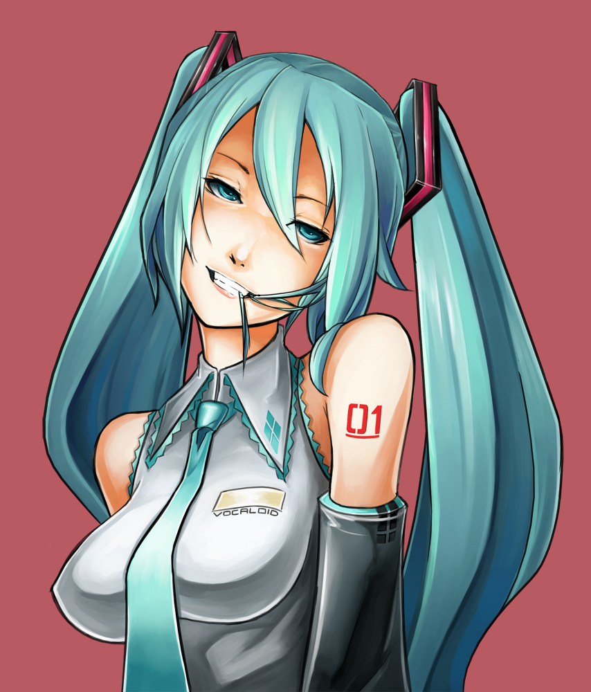 eu03, mechafetus, hatsune miku, vocaloid, 1girl, aqua eyes, aqua hair, detached sleeves, female focus, long hair, mouth hold, necktie, solo, twintails