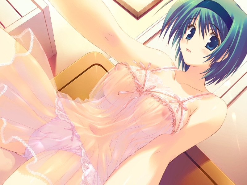 mitsumi misato, yoshioka chie, to heart (series), to heart 2, to heart 2 ad, game cg, 00s, 1girl, blue eyes, blush, breasts, female focus, green hair, hairband, large breasts, lingerie, midriff, navel, nightgown, nipples, open mouth, panties, see-through clothes, solo, underwear