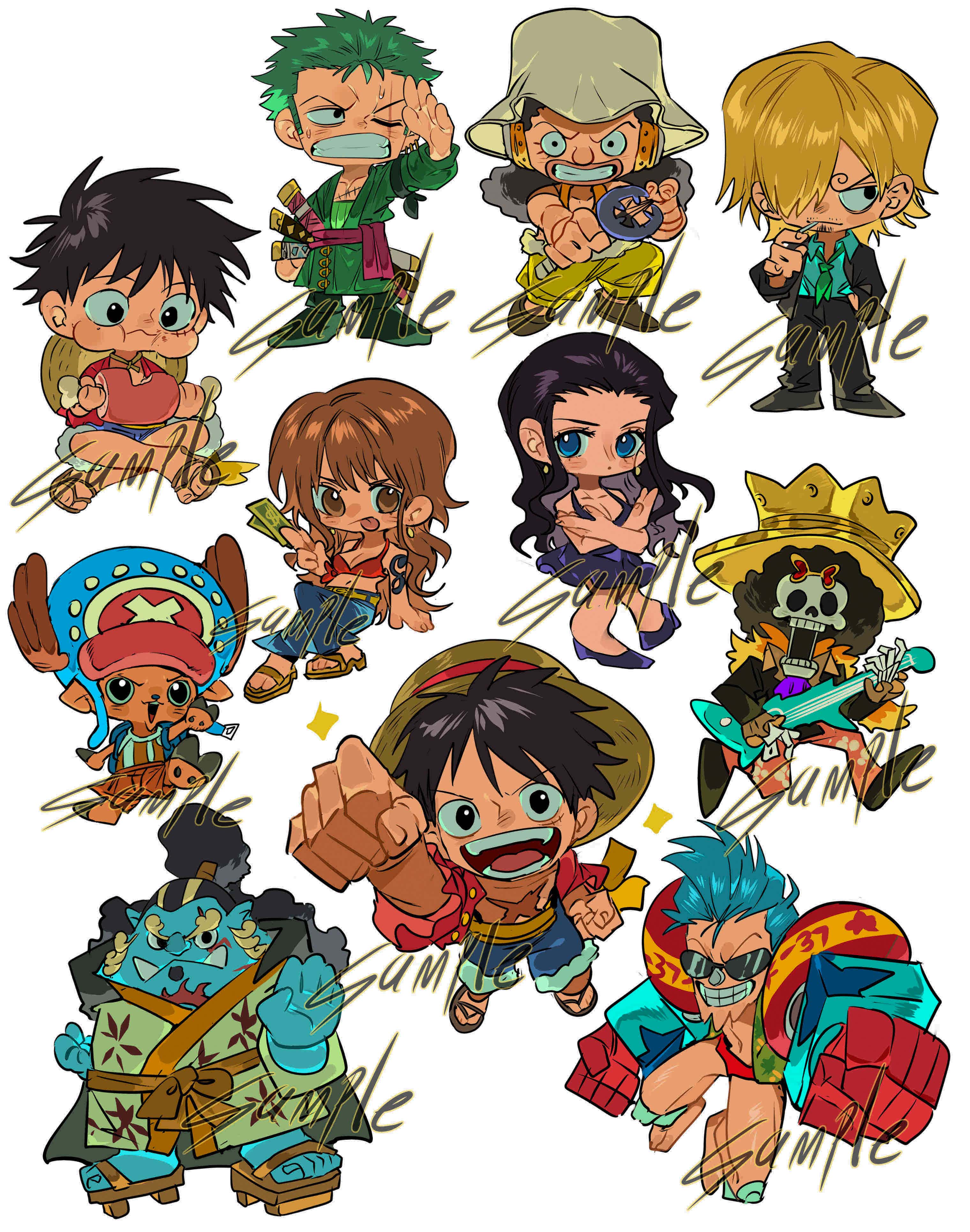 xi luo an ya, brook (one piece), franky (one piece), jinbe (one piece), monkey d. luffy, nami (one piece), nico robin, roronoa zoro, sanji (one piece), tony tony chopper, usopp, one piece, absurdres, highres, 2girls, 6+boys, antlers, arm tattoo, arm up, bandana around arm, banknote, black hair, black suit, blonde hair, blue eyes, blue hair, blue shorts, chibi, cross, crown, food, formal clothes, green hair, green kimono, guitar, haramaki, hat, holding, holding food, holding guitar, holding instrument, holding money, horns, indian style, instrument, japanese clothes, kimono, long hair, long nose, money, multiple boys, multiple girls, orange hair, pompadour, ponytail, red shirt, reindeer antlers, sample watermark, sash, scar, scar across eye, scar on face, shirt, short hair, shorts, simple background, sitting, straw hat, straw hat pirates, suit, sunglasses, tattoo, watermark, white background, yellow sash