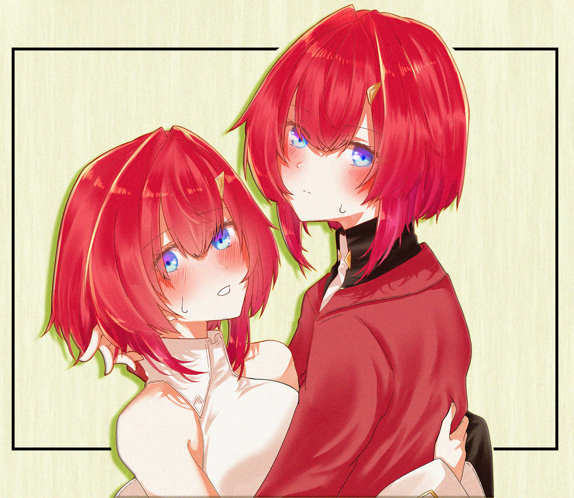 ange katrina, ange katrina (1st costume), ange katrina (2nd costume), nijisanji, commentary request, highres, 2girls, bare shoulders, black border, blue eyes, blush, border, breasts, cardigan, closed mouth, collared shirt, colored shadow, drop shadow, dual persona, green background, hair between eyes, hair intakes, hair ornament, hand in another's hair, hand up, hug, inset border, looking at viewer, looking to the side, multiple girls, open mouth, pokkii (orikaden01), red cardigan, red hair, shadow, shirt, short hair, sleeveless, sleeveless shirt, small breasts, sweatdrop, triangle hair ornament, virtual youtuber, white mouth, white shirt