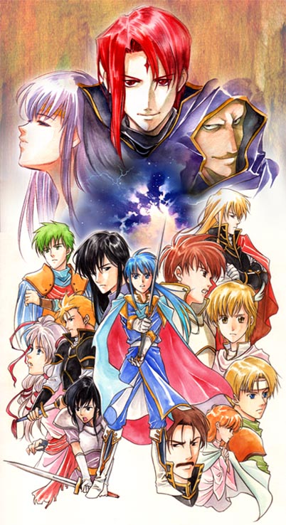 agahari, ares (fire emblem), ced (fire emblem), diarmuid (fire emblem), febail (fire emblem), julia (fire emblem), julius (fire emblem), lana (fire emblem), larcei (fire emblem), leif (fire emblem), manfroy (fire emblem), nanna (fire emblem), oifey (fire emblem), seliph (fire emblem), shannan (fire emblem), tine (fire emblem), fire emblem, fire emblem: genealogy of the holy war, nintendo, bad id, 5girls, 6+boys, armor, black hair, blonde hair, cape, hood, long hair, multi-tied hair, multiple boys, multiple girls, orange hair, purple hair, short hair, sword, twintails, weapon