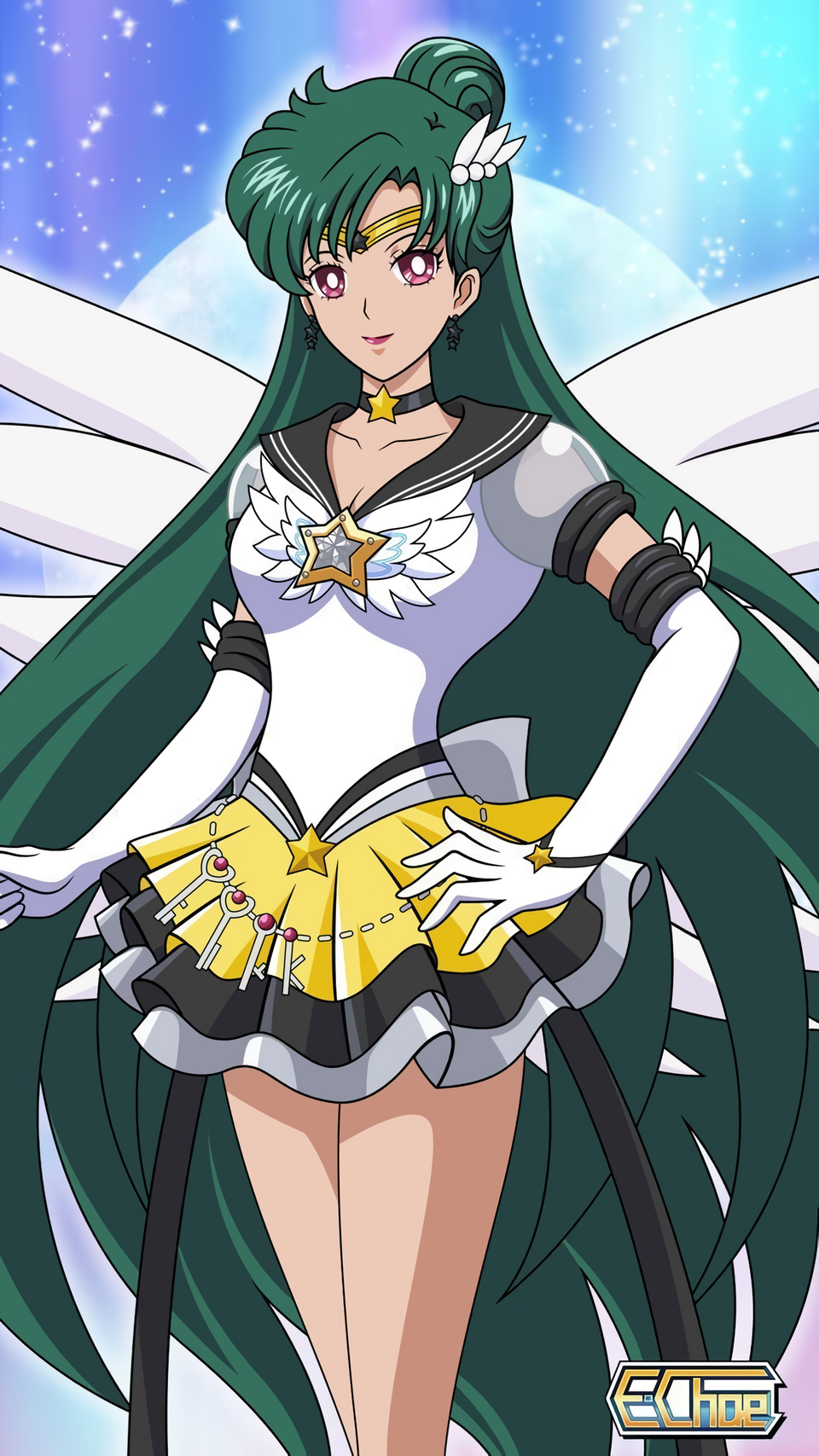 e.choe (artist), eternal sailor pluto, meiou setsuna, sailor pluto, super sailor pluto, super sailor pluto (stars), adult swim, bishoujo senshi sailor moon, bishoujo senshi sailor moon r, bishoujo senshi sailor moon s, bishoujo senshi sailor moon s: the movie, bishoujo senshi sailor moon s the movie: kaguya-hime no koibito, bishoujo senshi sailor moon supers, bishoujo senshi sailor moon supers: the movie, bishoujo senshi sailor moon supers the movie: sailor 9 senshi shuuketsu! black dream hole no kiseki, toei company, toonami, 1girl, angel wings, crimson eyes, dark teal hair, sailor senshi uniform, solo, wings