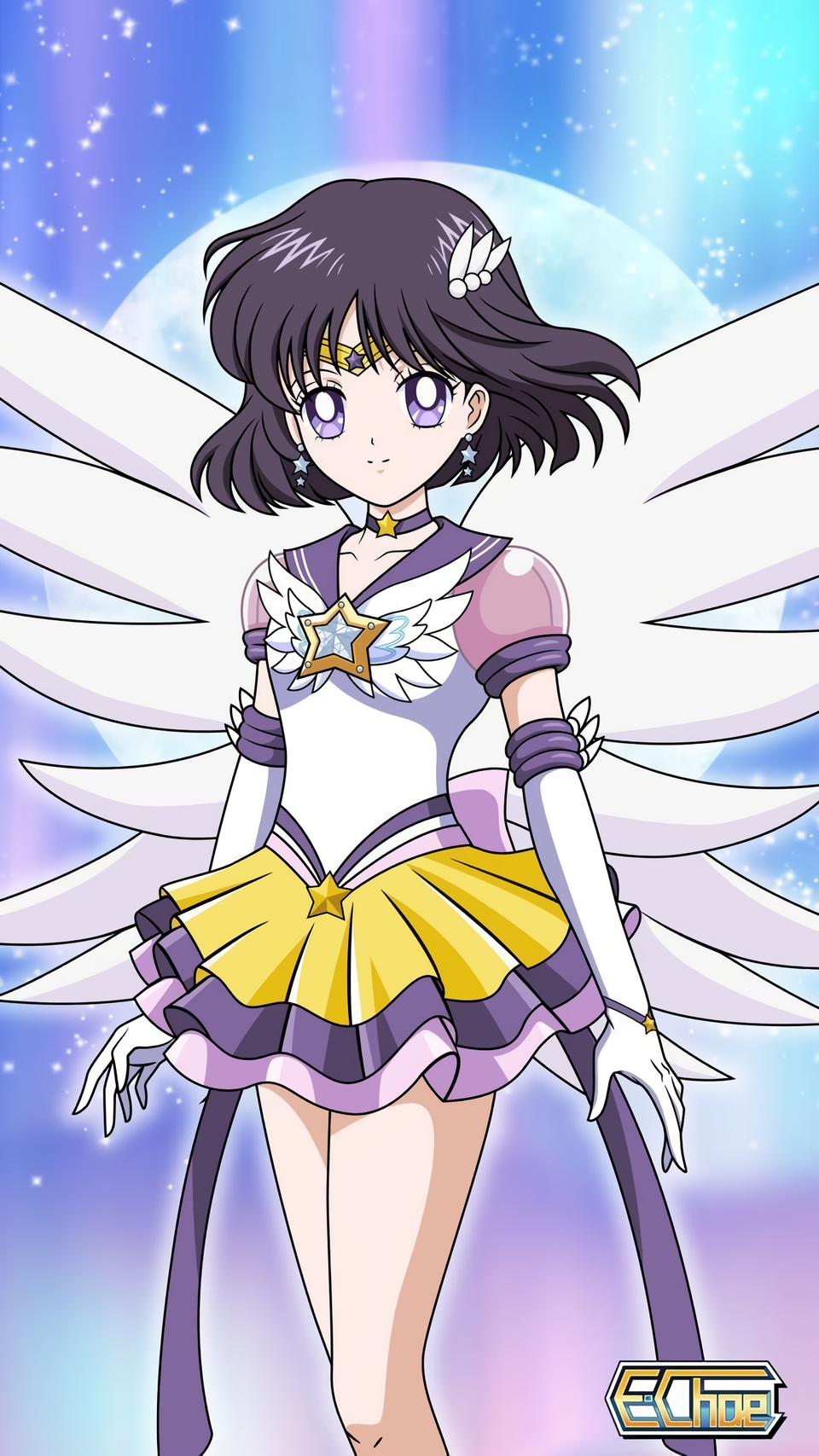e.choe (artist), eternal sailor saturn, sailor saturn, super sailor saturn, super sailor saturn (stars), tomoe hotaru, adult swim, bishoujo senshi sailor moon, bishoujo senshi sailor moon s, bishoujo senshi sailor moon s: the movie, bishoujo senshi sailor moon s the movie: kaguya-hime no koibito, bishoujo senshi sailor moon supers, bishoujo senshi sailor moon supers: the movie, bishoujo senshi sailor moon supers the movie: sailor 9 senshi shuuketsu! black dream hole no kiseki, toei company, toonami, 1girl, angel wings, purple eyes, purple hair, sailor senshi uniform, solo, wings