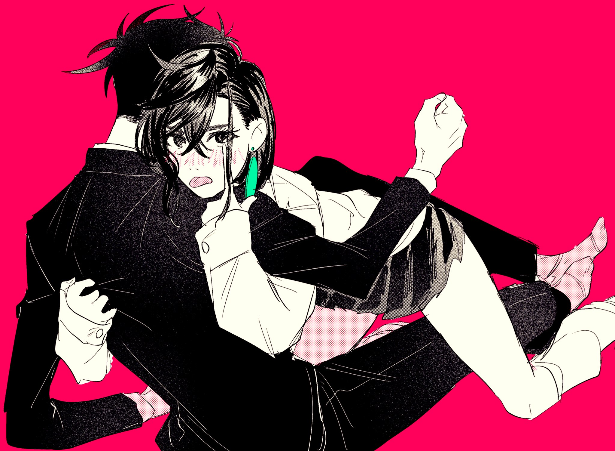 nabeoishi 705, ayase momo, takakura ken (dandadan), dandadan, highres, 1boy, 1girl, assertive female, black hair, black jacket, black pantyhose, blush, brown hair, clenched hand, clothes grab, couple, crossed bangs, earrings, finger to cheek, foot out of frame, full body, gakuran, hair between eyes, hetero, jacket, jacket grab, jewelry, loose socks, medium hair, no shoes, pantyhose, pink background, pleated skirt, school uniform, shirt, short hair, skirt, socks, tongue, tongue out, white shirt