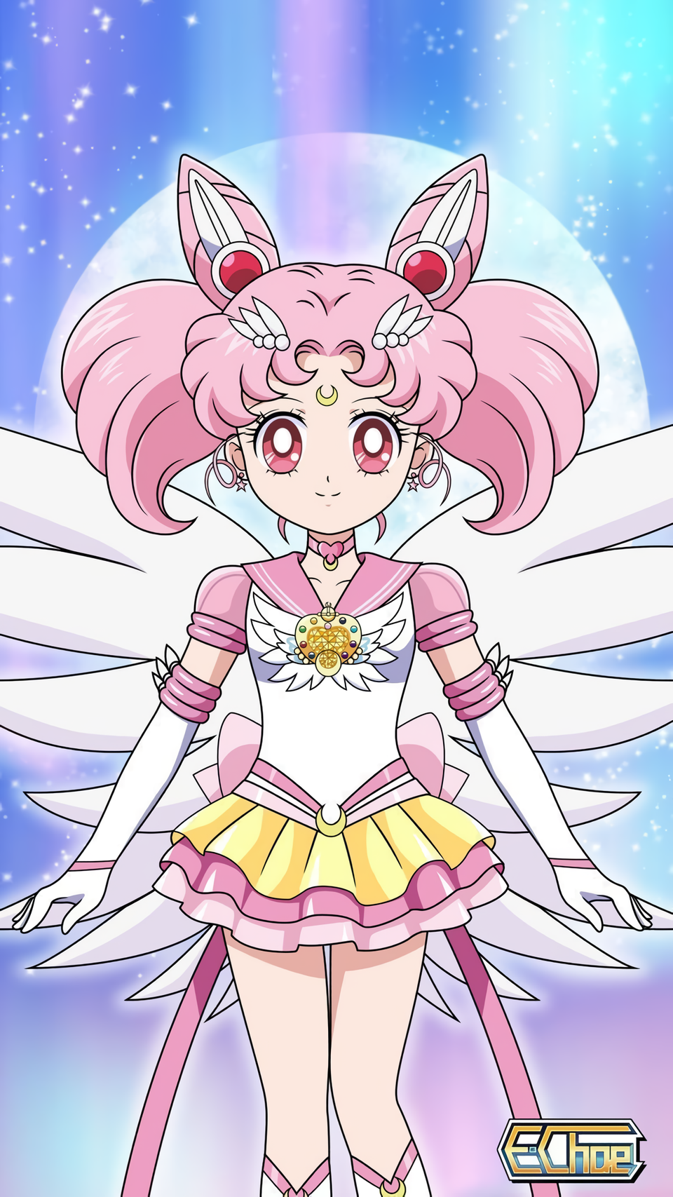 e.choe (artist), chibi usa, sailor chibi moon, super sailor chibi moon, super sailor chibi moon (stars), adult swim, bishoujo senshi sailor moon, bishoujo senshi sailor moon r, bishoujo senshi sailor moon r: the movie, bishoujo senshi sailor moon s, bishoujo senshi sailor moon s: the movie, bishoujo senshi sailor moon s the movie: kaguya-hime no koibito, bishoujo senshi sailor moon supers, bishoujo senshi sailor moon supers: the movie, bishoujo senshi sailor moon supers the movie: sailor 9 senshi shuuketsu! black dream hole no kiseki, toei company, toonami, 1girl, angel wings, pink eyes, pink hair, sailor senshi uniform, solo, wings