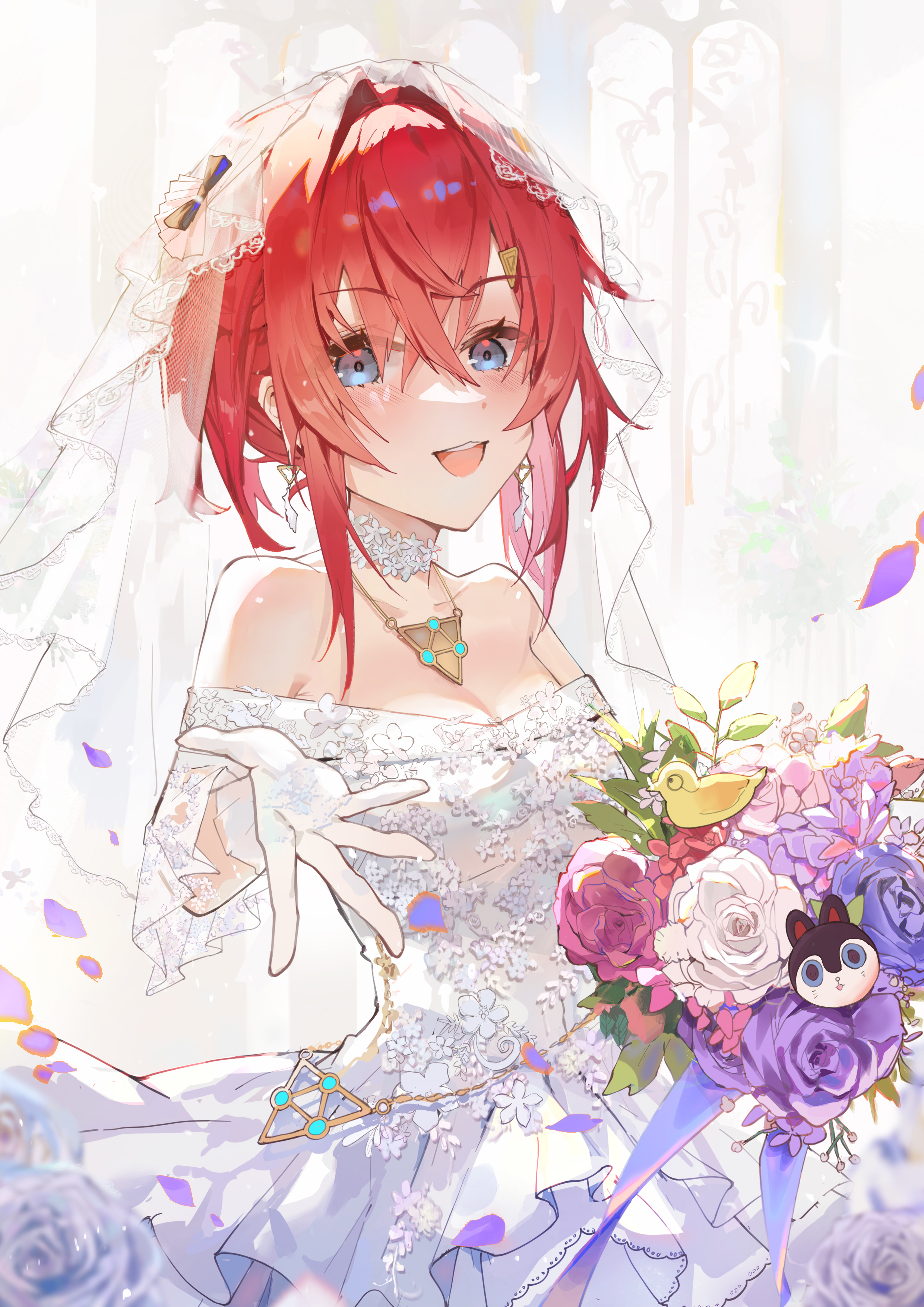 fang qiao, ange katrina, banken (inui toko), sebastian piyodore, nijisanji, absurdres, commentary request, highres, 1girl, :d, alternate costume, armpit crease, bare shoulders, blue eyes, blue flower, blue rose, blush, bouquet, breasts, bridal veil, bride, choker, cleavage, collarbone, cowboy shot, crossed bangs, dress, dress flower, earrings, falling petals, feather earrings, feathers, flower, gloves, gold necklace, hair between eyes, hair intakes, hair ornament, hand up, holding, holding bouquet, jewelry, long bangs, looking at viewer, necklace, off-shoulder dress, off shoulder, open mouth, petals, pink flower, pink rose, purple flower, purple petals, purple rose, reaching, reaching towards viewer, red hair, rose, short hair with long locks, short sleeves, small breasts, smile, solo, teeth, triangle hair ornament, triangle necklace, upper teeth only, veil, virtual youtuber, wedding dress, white background, white choker, white dress, white flower, white gloves, white rose
