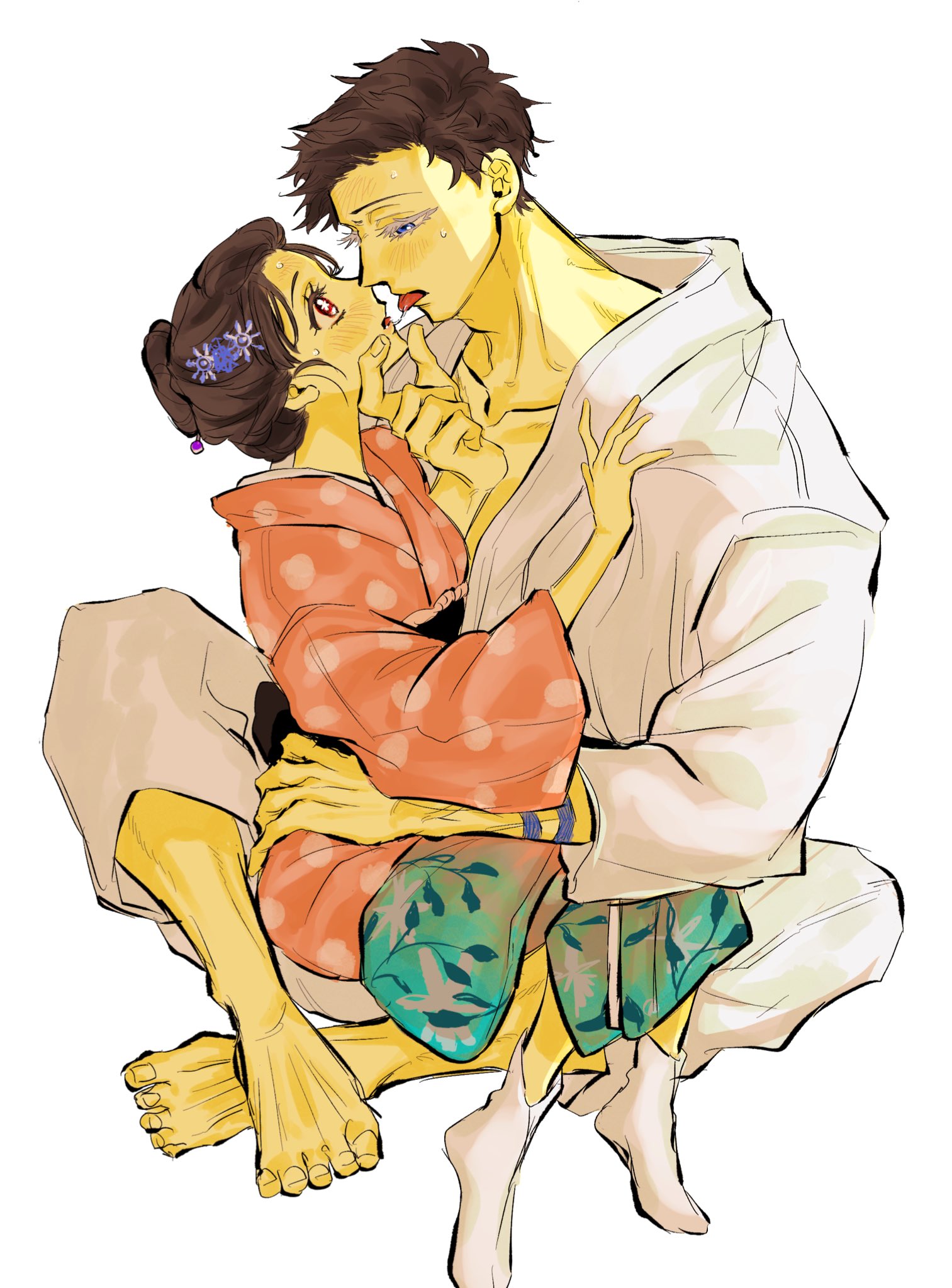 nabeoishi 705, hakuji (kimetsu no yaiba), koyuki (kimetsu no yaiba), kimetsu no yaiba, highres, 1boy, 1girl, barefoot, blue eyes, blush, body markings, brown eyes, brown hair, collarbone, couple, french kiss, full body, hair bun, hair ornament, hand on another's chest, hand on another's chin, hand on another's hip, hetero, japanese clothes, kimono, kiss, looking at another, no shoes, pants, parted bangs, pink kimono, polka dot, polka dot kimono, saliva, saliva trail, short hair, sidelocks, sitting, sitting on lap, sitting on person, socks, sweat, tongue, tongue out, updo, white kimono, white pants, white socks
