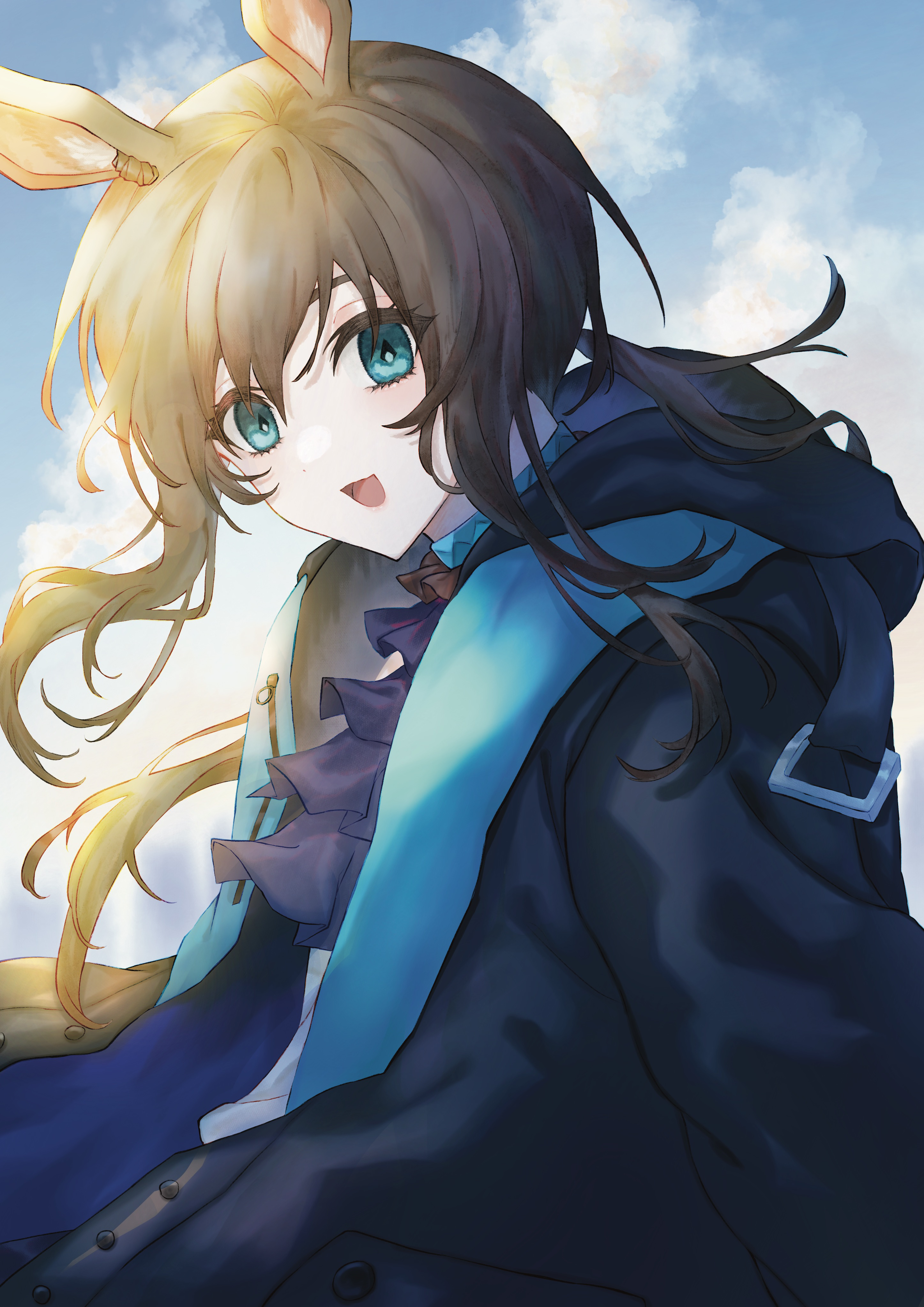 riri hashi, amiya (arknights), arknights, absurdres, commentary, highres, 1girl, :d, animal ears, aqua collar, aqua eyes, ascot, black jacket, brown hair, cloud, collar, day, jacket, long hair, long sleeves, looking at viewer, open mouth, purple ascot, smile, solo, sunlight