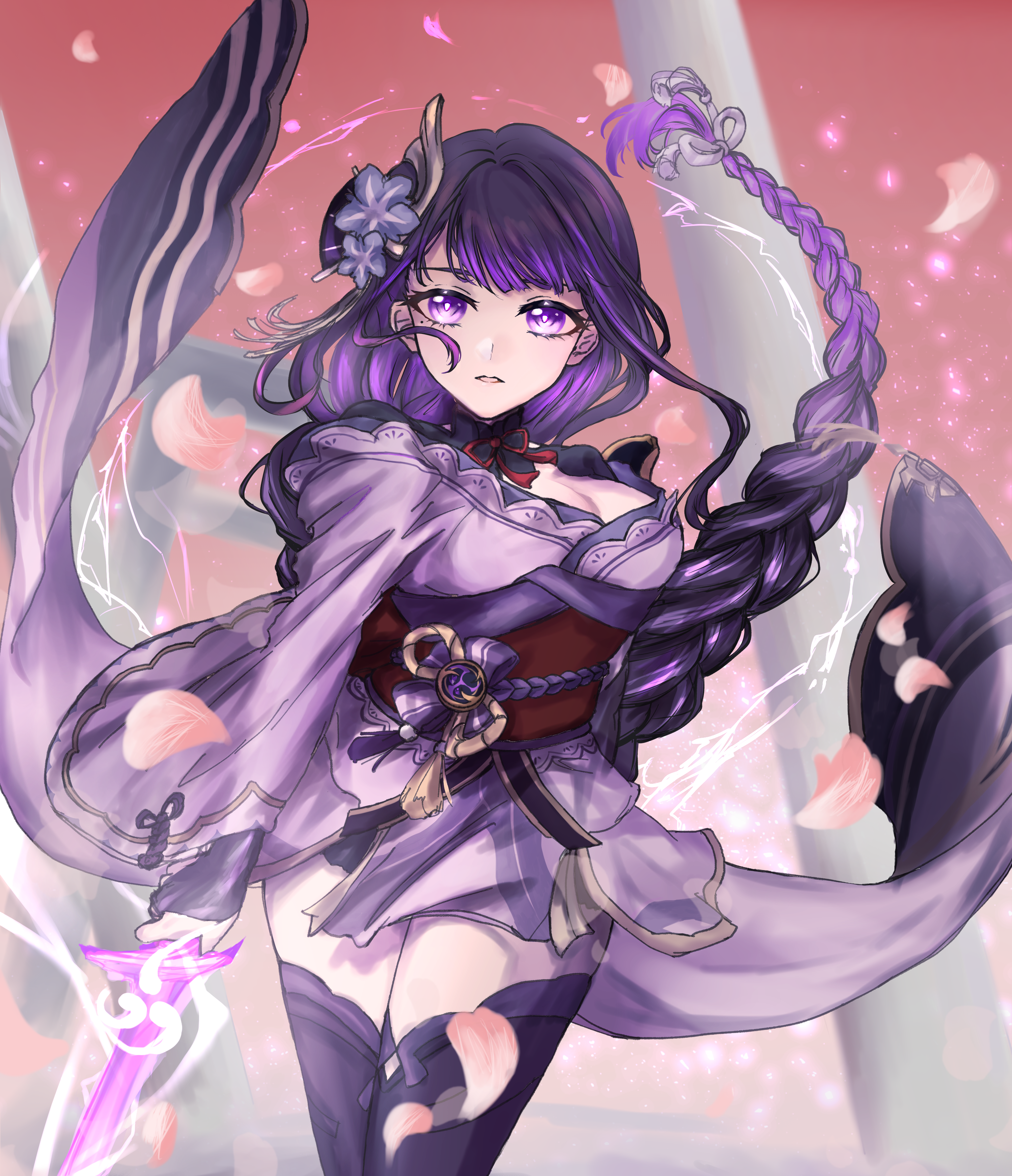 30 byou suwa, raiden shogun, genshin impact, absurdres, commentary request, highres, 1girl, armor, asymmetrical sleeves, black thighhighs, blunt bangs, breasts, bridal gauntlets, cleavage, electricity, falling petals, fan hair ornament, floating hair, flower, flower ornament, glowing, glowing eyes, glowing sword, glowing weapon, gradient hair, hair floating upwards, hair ornament, hair ribbon, holding, holding sword, holding weapon, japanese clothes, kimono, large breasts, leaning to the side, long hair, looking at viewer, mitsudomoe (shape), mole, mole under eye, multicolored hair, off shoulder, parted lips, petals, pink lips, pink petals, powering up, purple eyes, purple flower, purple kimono, purple ribbon, red sash, red sky, ribbon, sash, shoulder armor, sky, solo, standing, sword, thighhighs, tomoe (symbol), uneven sleeves, upper body, weapon, wide sleeves