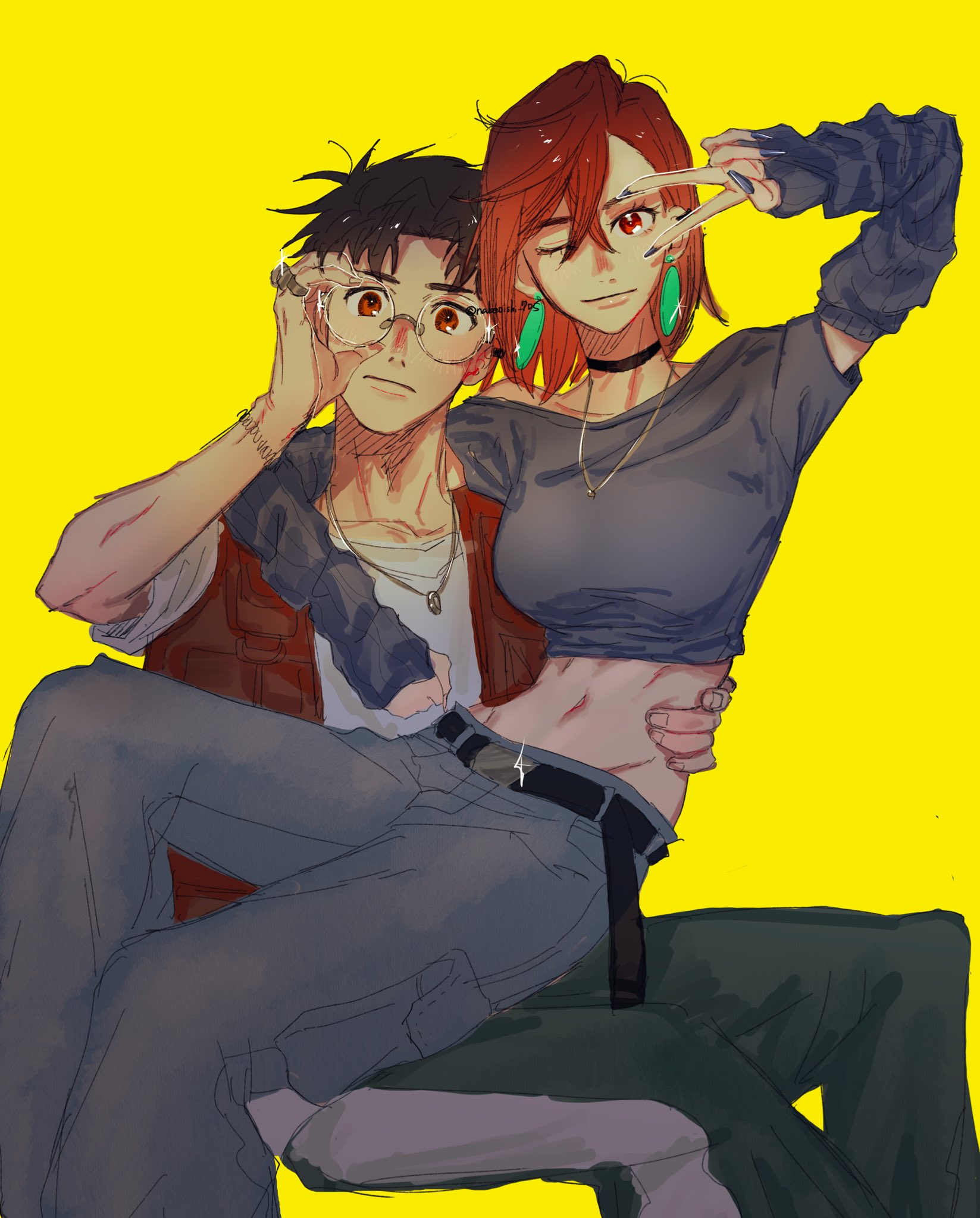 nabeoishi 705, ayase momo, takakura ken (dandadan), dandadan, highres, 1boy, 1girl, adjusting eyewear, arm around neck, belt, black belt, black choker, black hair, breasts, brown eyes, brown hair, choker, closed mouth, couple, crop top, crossed bangs, detached sleeves, earrings, feet out of frame, fingernails, glasses, grey arm warmers, grey nails, grey pants, grey shirt, hair between eyes, hand on another's waist, hetero, jewelry, light smile, long fingernails, medium breasts, medium hair, midriff, nail polish, navel, necklace, one eye closed, pants, parted bangs, red vest, ring, ring necklace, round eyewear, shirt, short hair, short sleeves, sitting, sitting on lap, sitting on person, striped clothes, striped pants, vest, white shirt, yellow background
