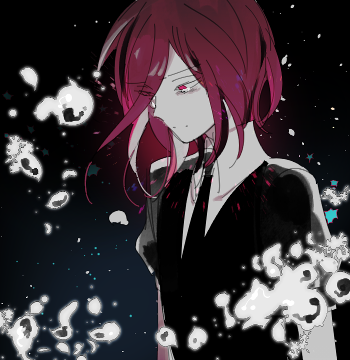 yoursincere, cinnabar (houseki no kuni), houseki no kuni, commentary request, 1other, black necktie, closed mouth, gem uniform (houseki no kuni), looking down, medium hair, necktie, red eyes, red hair, tears, upper body