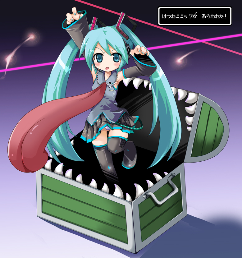 hatsune miku, mimic chest, vocaloid, tagme, 1girl, cameltoe, female focus, mimic, monster girl, parody, pectorals, solo, standing