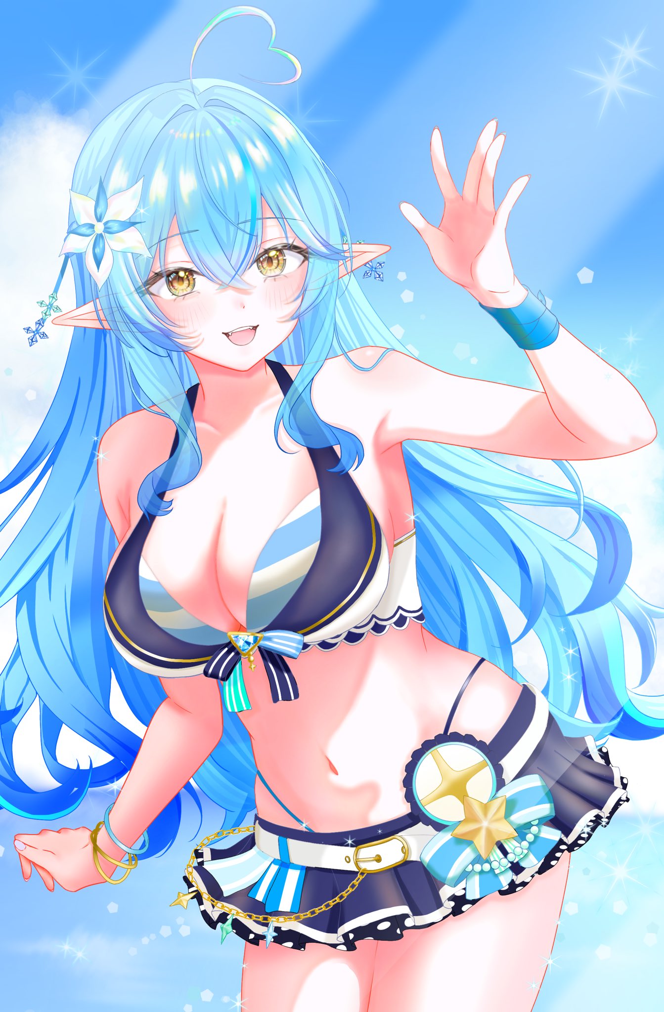 yukihana lamy, hololive, highres, 1girl, ahoge, bare shoulders, bikini, black skirt, blue bikini, blue hair, breasts, cleavage, cowboy shot, heart, heart ahoge, large breasts, long hair, makocha (sw yti), microskirt, navel, pointy ears, skirt, solo, sparkle, sunlight, swimsuit, virtual youtuber, white bikini, yellow eyes