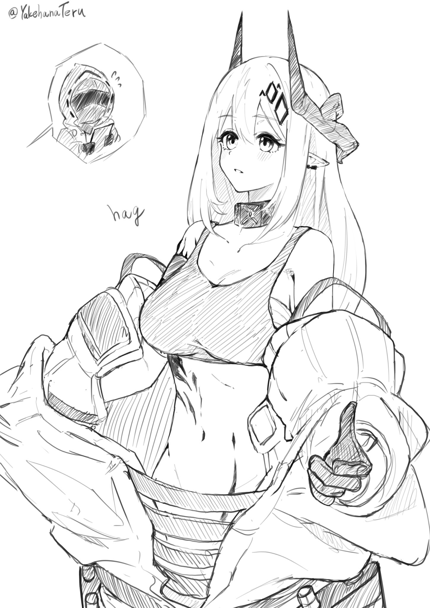 yakehanateru, doctor (arknights), infection monitor (arknights), mudrock (arknights), mudrock (elite ii) (arknights), arknights, commentary request, highres, 1girl, 1other, bare shoulders, blush, breasts, cleavage, collarbone, cowboy shot, crop top, ear piercing, flying sweatdrops, gloves, greyscale, hair between eyes, hatching (texture), horns, jumpsuit, linear hatching, long hair, material growth, medium breasts, midriff, monochrome, navel, off shoulder, oripathy lesion (arknights), parted lips, piercing, pointy ears, simple background, sketch, sleeveless, standing, twitter username, white background