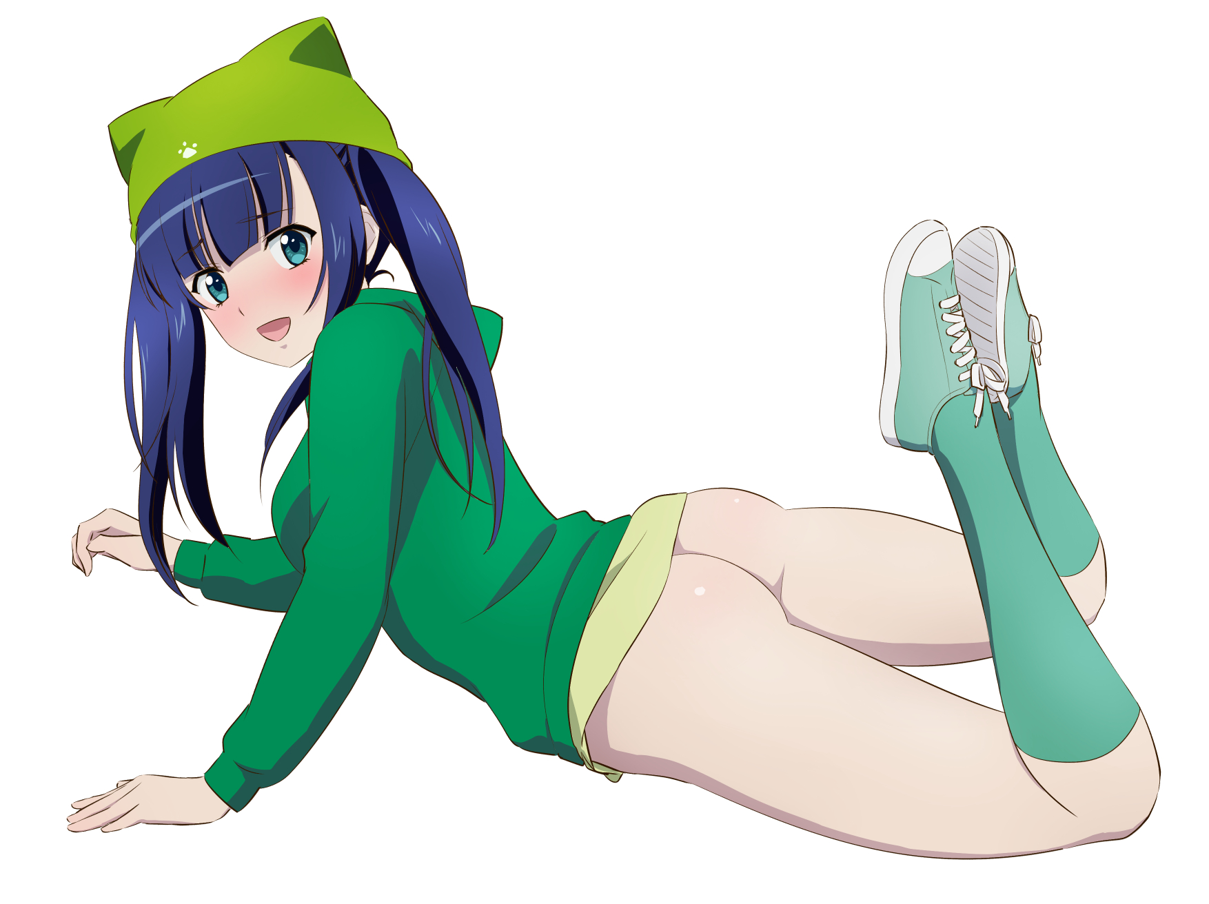 komatsu (sakanae), yuri flostre, kuusen madoushi kouhosei no kyoukan, commission, highres, pixiv commission, 1girl, 2025, aqua eyes, ass, blue hair, blush, bottomless, breasts, green hat, green hoodie, green shoes, hair between eyes, hat, hood, hoodie, long hair, looking at viewer, lying, medium breasts, no panties, on stomach, open mouth, shoes, smile, solo, thighhighs, twintails, very long hair, white background