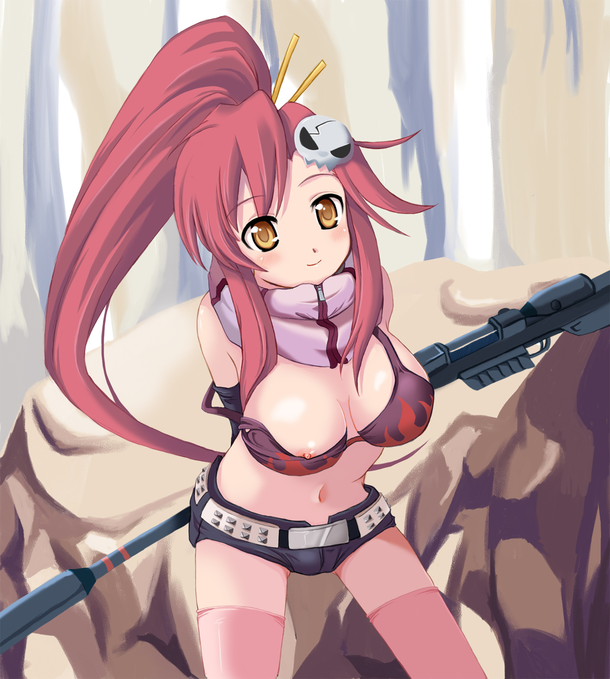 tomusooya, yoko littner, tengen toppa gurren lagann, bad id, highres, 00s, 1girl, anti-materiel rifle, arms behind back, belt, bikini, bikini top only, blush, breasts, dot nose, female focus, gun, hair ornament, high ponytail, large breasts, light smile, medium breasts, nipple slip, nipples, outdoors, pink thighhighs, ponytail, rifle, scarf, short shorts, shorts, sidelocks, skull hair ornament, sniper rifle, solo, strap slip, swimsuit, thighhighs, weapon, yellow eyes
