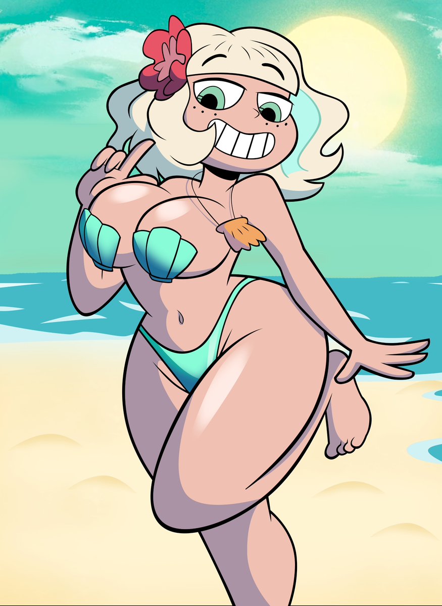 grimphantom, jackie lynn thomas, star vs the forces of evil, commentary, english commentary, variant set, 1girl, aqua bikini, barefoot, beach, bikini, blonde hair, breasts, cloud, day, flower, freckles, green eyes, green sky, grin, hair flower, hair ornament, horizon, index finger raised, jewelry, large breasts, looking at viewer, navel, necklace, ocean, outdoors, red flower, shell, shell bikini, shell necklace, sky, smile, solo, standing, standing on one leg, sun, swimsuit