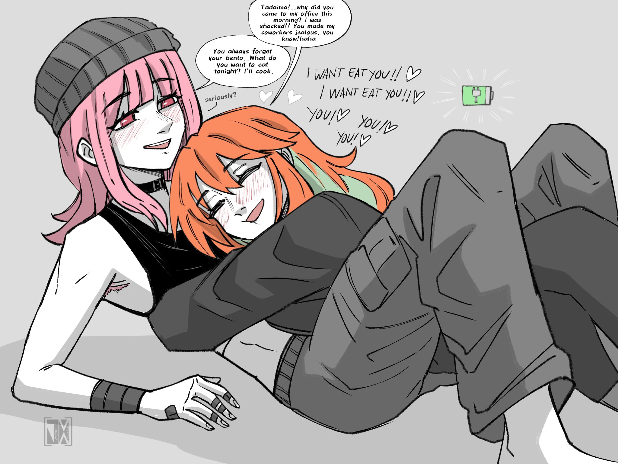 jasper xandros, mori calliope, takanashi kiara, hololive, hololive english, highres, 2girls, alternate costume, blush, breasts, couple, gradient hair, green hair, hat, large breasts, long hair, multicolored hair, multiple girls, open mouth, orange hair, pink hair, smile, virtual youtuber, yuri