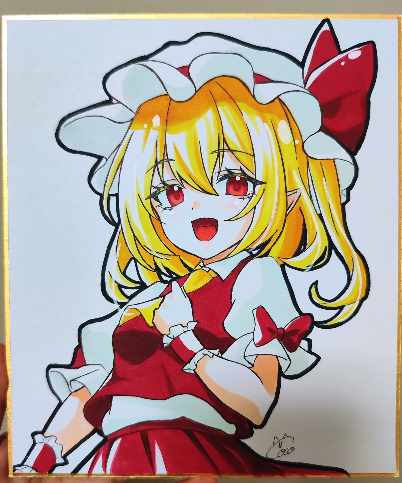 0002koko, flandre scarlet, touhou, highres, photo (medium), traditional media, 1girl, blonde hair, cowboy shot, hat, open mouth, pointy ears, red eyes, red shirt, red skirt, shikishi, shirt, side ponytail, skirt, solo, white hat, white shirt
