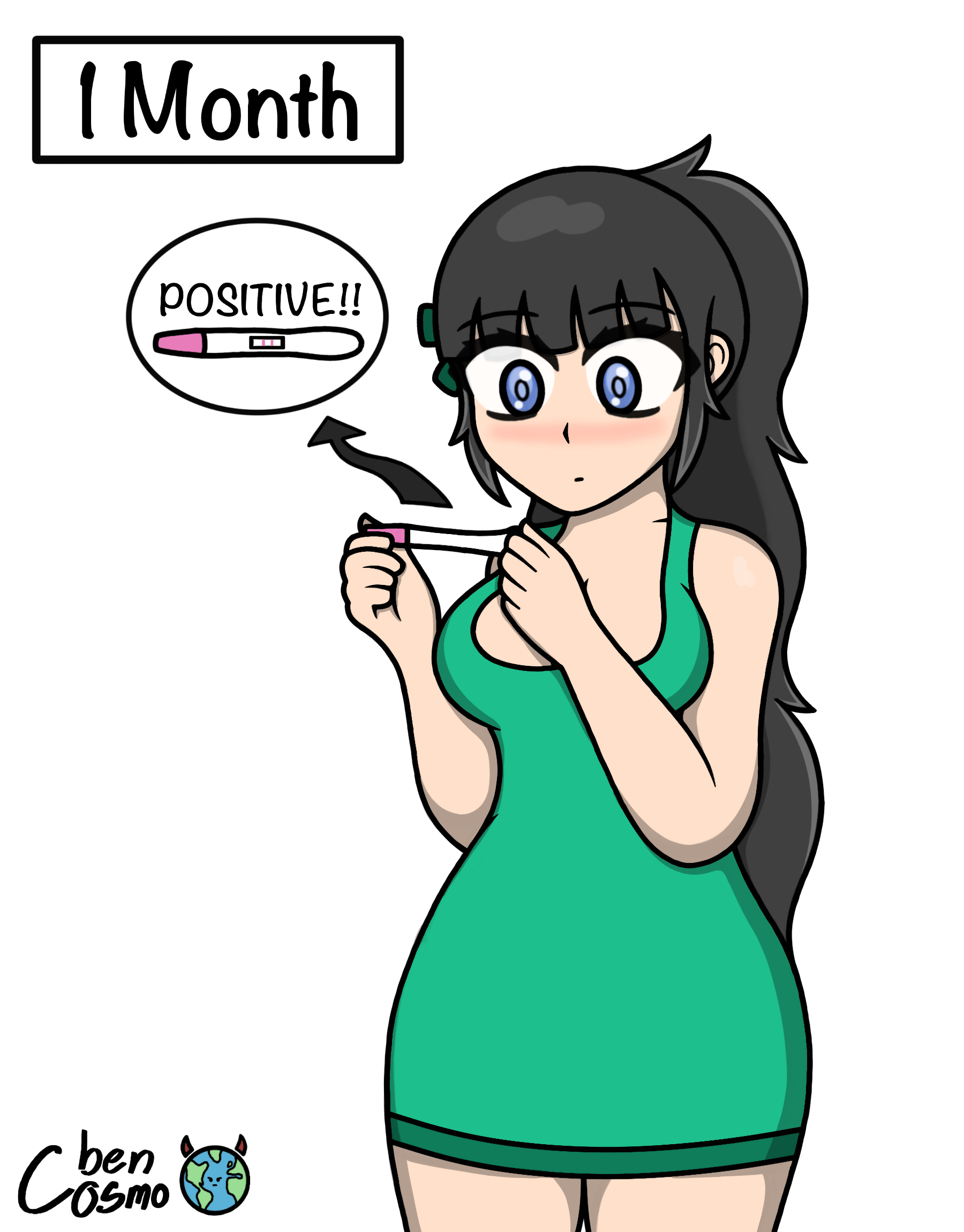 highres, 1girl, arrow (symbol), bare shoulders, bencosmo, blush, breasts, cleavage, closed mouth, dress, feet, holding, holding pregnancy test, pregnancy test, solo