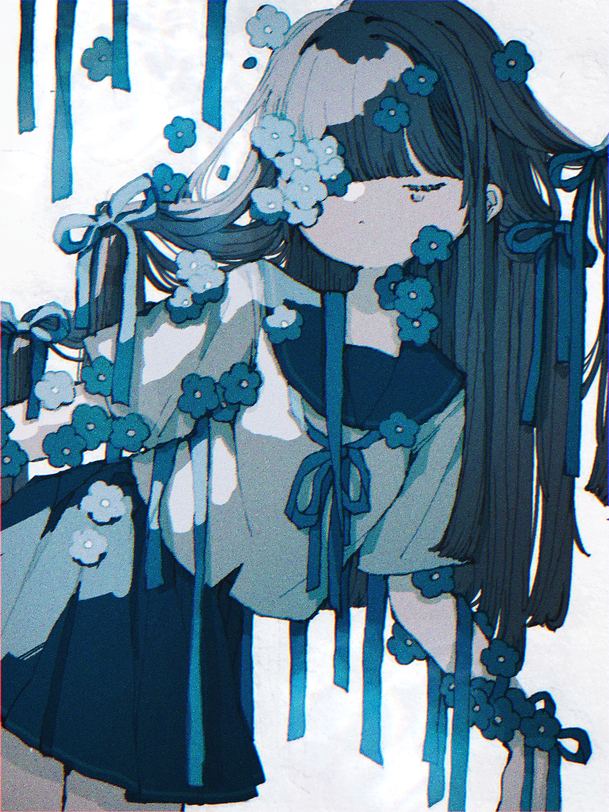 lilium susan, original, highres, 1girl, bent over, black hair, blue flower, blue ribbon, closed eyes, cowboy shot, facing viewer, flower, long hair, miniskirt, ribbon, sailor collar, school uniform, serafuku, shirt, short sleeves, skirt, solo, standing, tears, white shirt