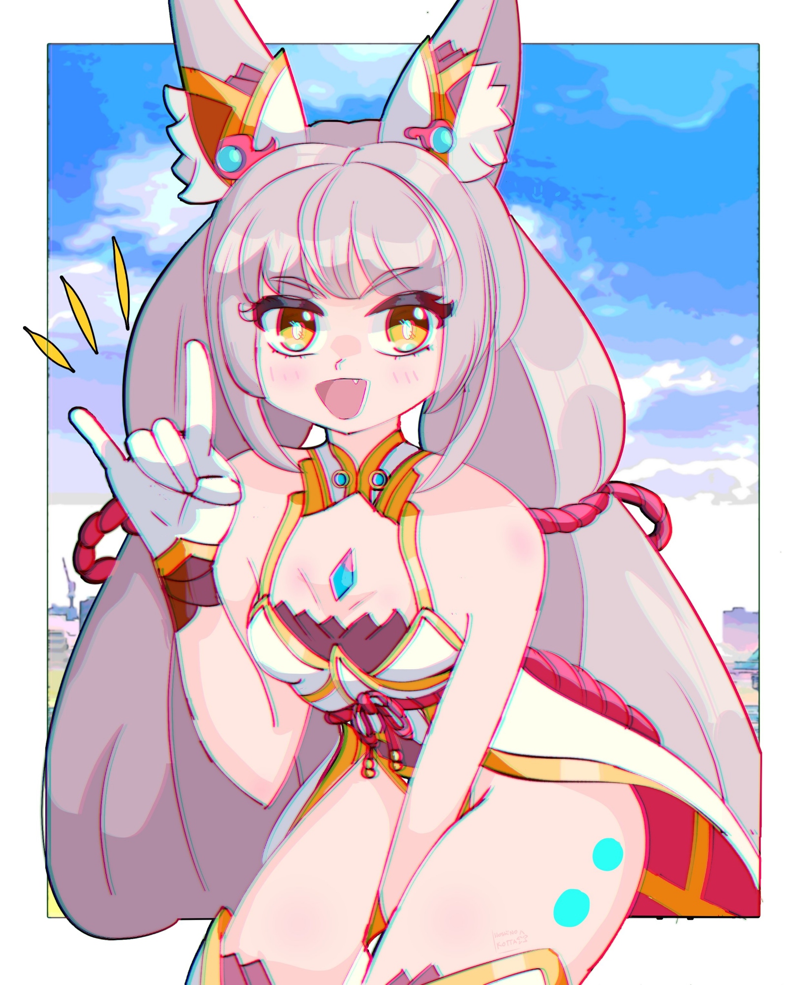 hoshinokotta, nia (blade) (xenoblade), nia (xenoblade), xenoblade chronicles (series), xenoblade chronicles 2, highres, 1girl, n/, animal ear fluff, animal ears, bare arms, between legs, blue sky, border, breasts, chest jewel, core crystal (xenoblade), fang, gloves, grey hair, hand between legs, leaning forward, leotard, long hair, open mouth, outside border, red rope, rope, sky, small breasts, smile, solo, thighhighs, twintails, very long hair, white border, white gloves, white leotard, yellow eyes