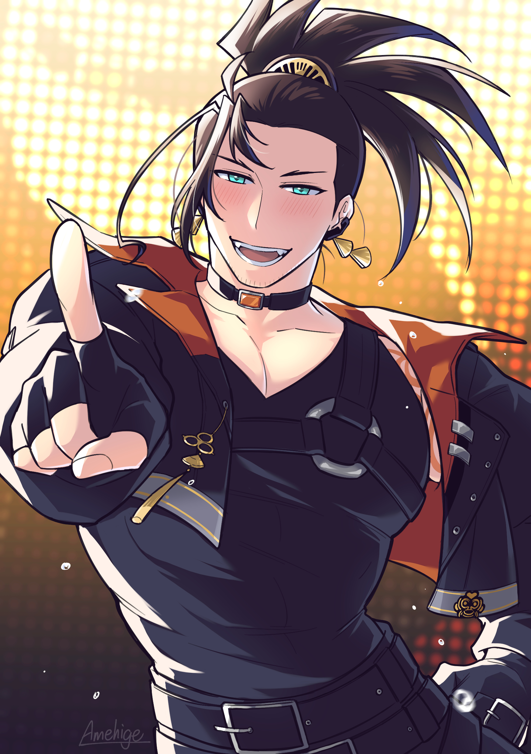 amehigejz, josuiji shinri, holostars, holostars english, absurdres, highres, beard stubble, belt, black belt, black gloves, black hair, black jacket, black pants, black shirt, earrings, facial hair, gloves, jacket, jewelry, looking at viewer, open mouth, pants, ponytail, shirt, stubble, tassel, tassel earrings, virtual youtuber
