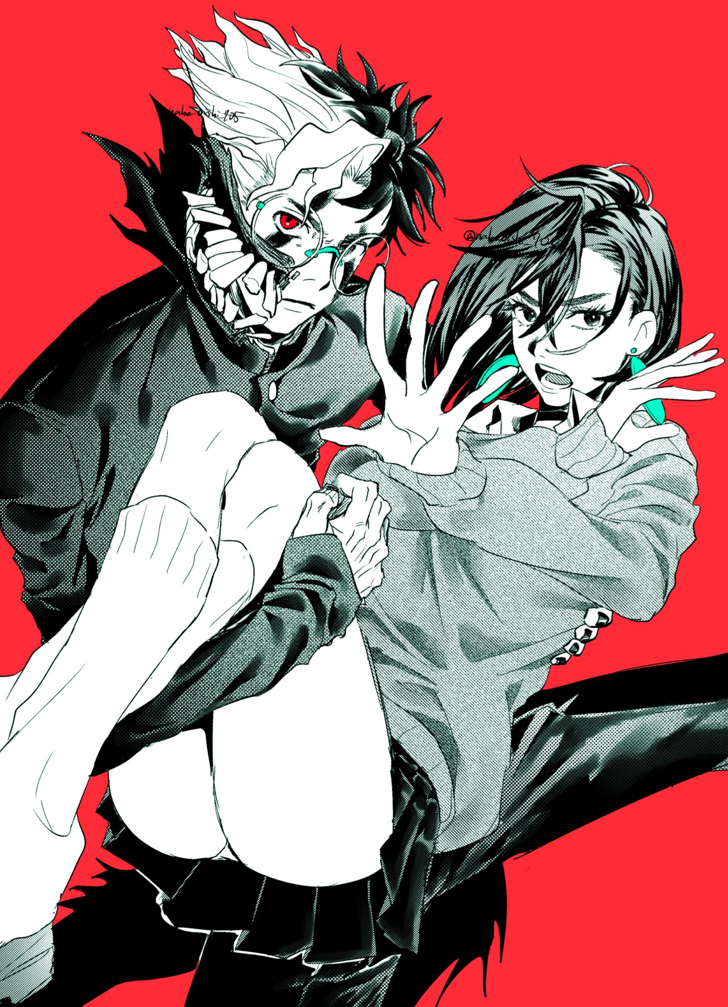 nabeoishi 705, ayase momo, takakura ken (dandadan), takakura ken (transformed) (dandadan), dandadan, highres, 1boy, 1girl, arm around back, black choker, black hair, black jacket, black nails, black pantyhose, breasts, carrying, choker, closed mouth, collared shirt, crossed arms, crossed bangs, earrings, facial mark, furrowed brow, gakuran, glasses, hair between eyes, jacket, jewelry, limited palette, loafers, looking at another, loose socks, medium breasts, medium hair, multicolored hair, nail polish, open mouth, panties, pantyhose, parted bangs, pleated skirt, princess carry, red background, red eyes, round eyewear, school uniform, shirt, shirt under sweater, shoes, short hair, skirt, socks, sweater, teeth, thick eyebrows, twitter username, two-tone hair, underwear, upskirt, wavy hair, white panties