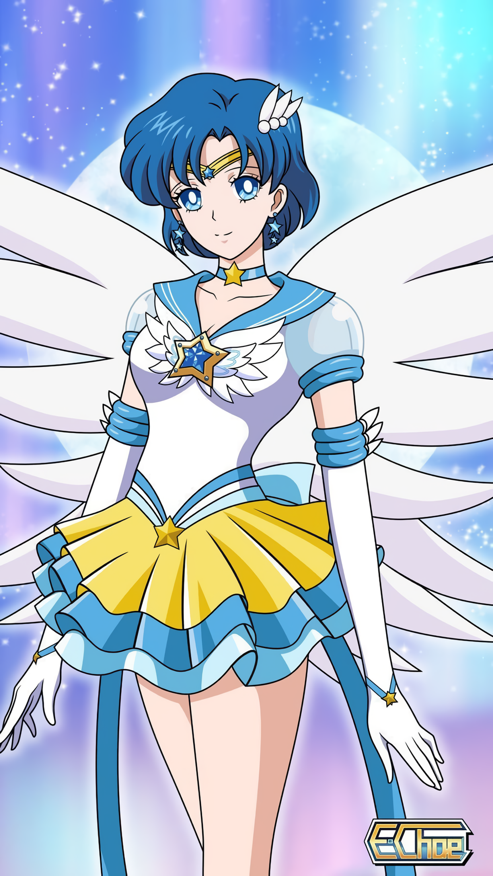 e.choe (artist), eternal sailor mercury, mizuno ami, sailor mercury, super sailor mercury, super sailor mercury (stars), adult swim, bishoujo senshi sailor moon, bishoujo senshi sailor moon r, bishoujo senshi sailor moon r: the movie, bishoujo senshi sailor moon s, bishoujo senshi sailor moon s: the movie, bishoujo senshi sailor moon s the movie: kaguya-hime no koibito, bishoujo senshi sailor moon supers, bishoujo senshi sailor moon supers: the movie, bishoujo senshi sailor moon supers the movie: sailor 9 senshi shuuketsu! black dream hole no kiseki, toei company, toonami, 1girl, angel wings, blue eyes, blue hair, sailor senshi uniform, solo, wings