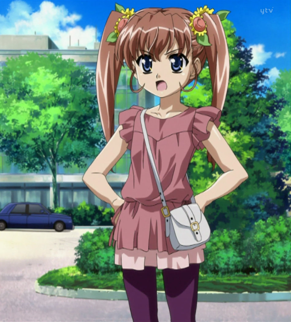 nogizaka mika, nogizaka haruka no himitsu, anime screenshot, stitched, third-party edit, 00s, 1girl, bag, blue eyes, brown hair, female focus, handbag, hands on own hips, solo, twintails