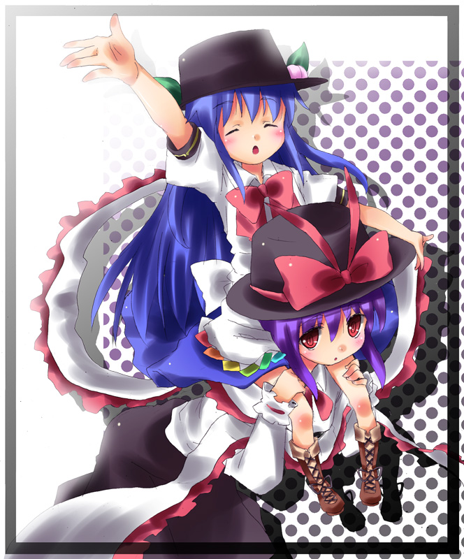subachi, hinanawi tenshi, nagae iku, touhou, bad id, bad pixiv id, 2girls, blue hair, carrying, female focus, food, fruit, hat, long hair, multiple girls, peach, piggyback, purple hair, ribbon, short hair