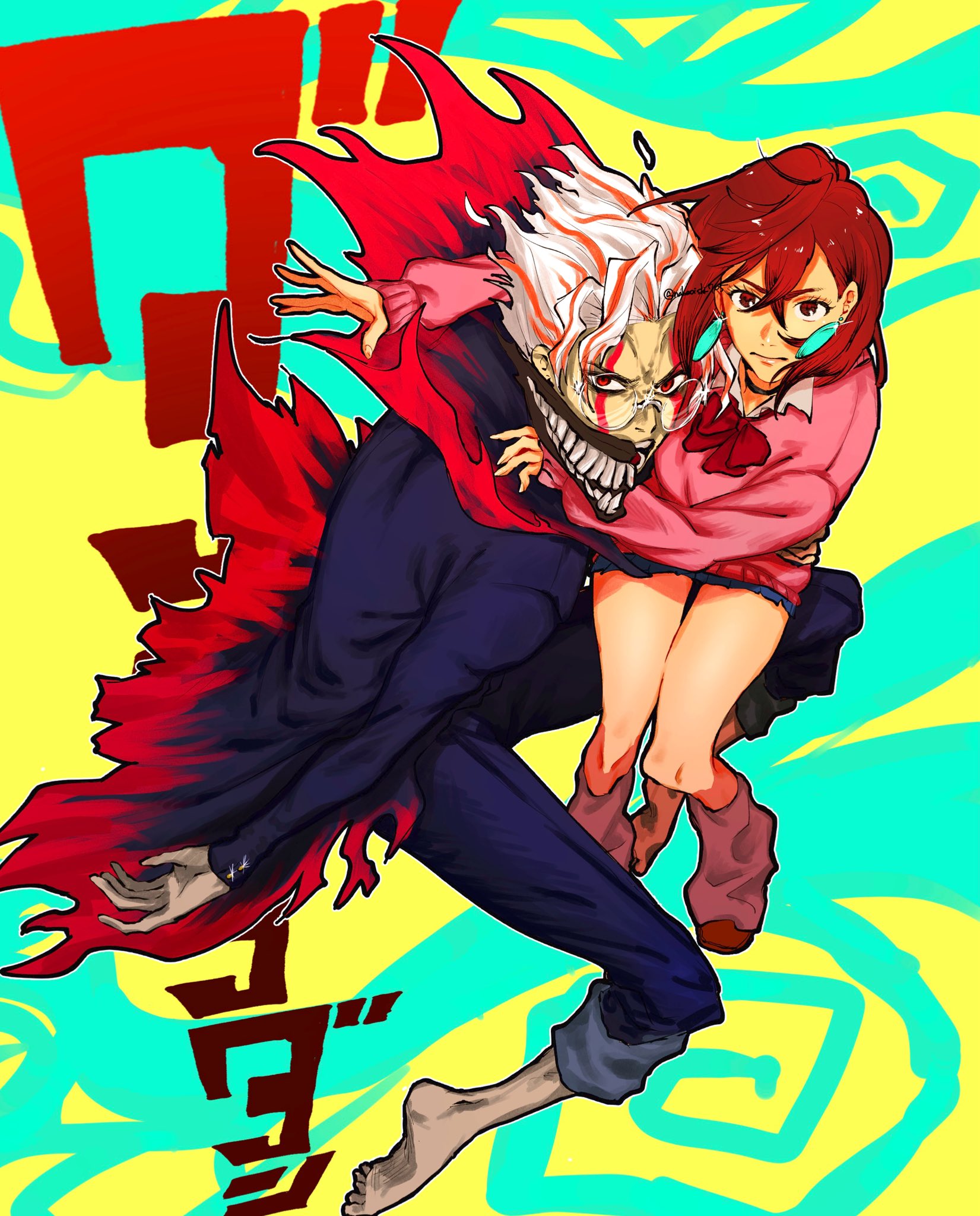 nabeoishi 705, ayase momo, takakura ken (dandadan), takakura ken (transformed) (dandadan), dandadan, highres, 1boy, 1girl, arm around neck, barefoot, black choker, black jacket, black pants, blue skirt, bow, bowtie, breasts, brown eyes, brown hair, brown shoes, carrying, choker, closed mouth, collared shirt, crossed bangs, earrings, full body, furrowed brow, gakuran, glasses, hair between eyes, hand on another's shoulder, jacket, jewelry, looking at viewer, loose socks, medium breasts, medium hair, multicolored hair, pants, parted bangs, pink sweater, pleated skirt, princess carry, red bow, red bowtie, red eyes, red hair, round eyewear, school uniform, shirt, shirt under sweater, shoes, short hair, skirt, sleeves past wrists, socks, streaked hair, sweater, teeth, wavy hair, white hair, white shirt