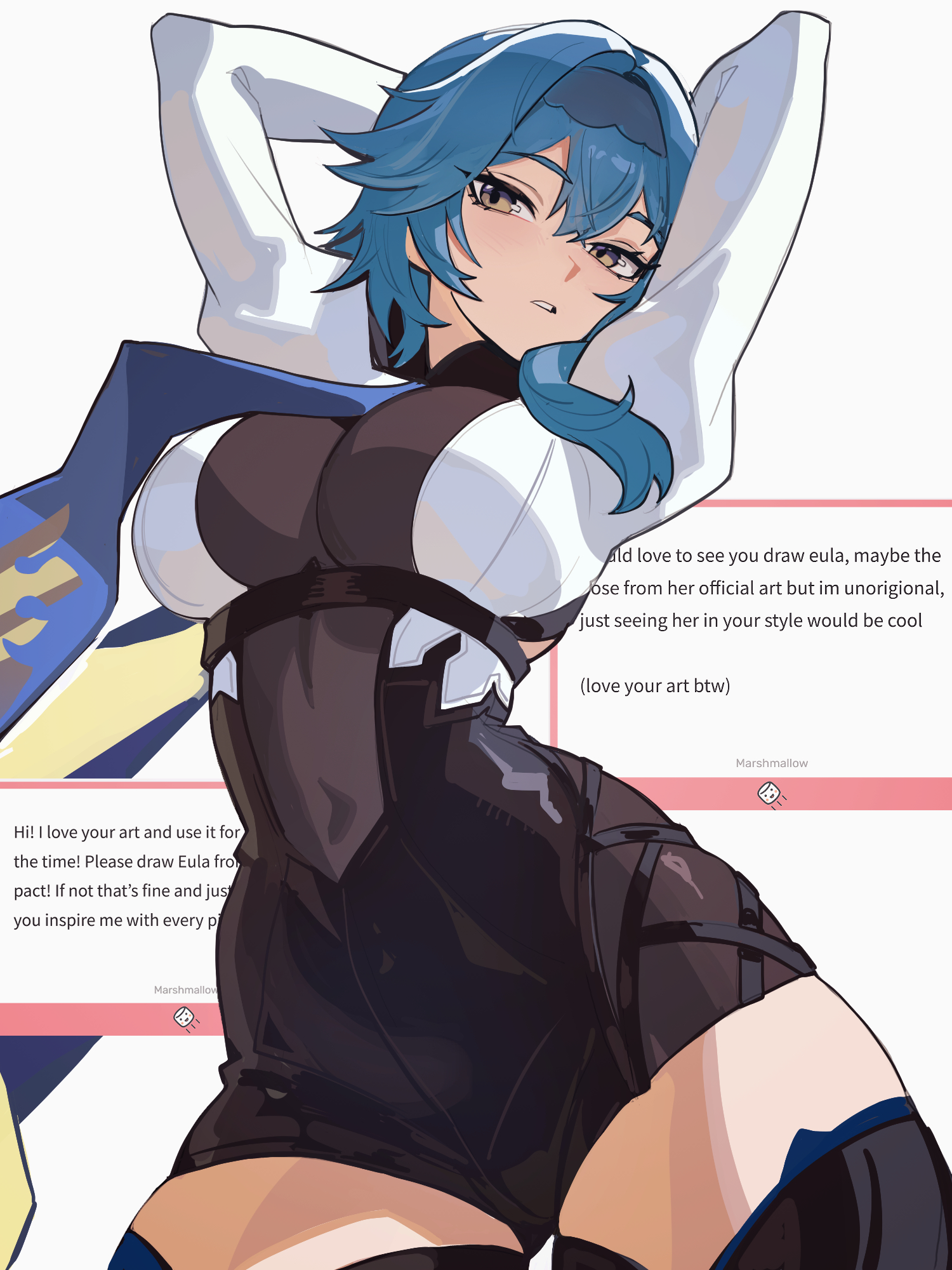 distr, eula (genshin impact), genshin impact, commentary, english commentary, highres, paid reward available, 1girl, arms between legs, black unitard, blue hair, blue hairband, blue necktie, breasts, covered navel, cowboy shot, hairband, large breasts, long sleeves, marshmallow (site), necktie, parted lips, simple background, solo, thick thighs, thighs, white background, yellow eyes