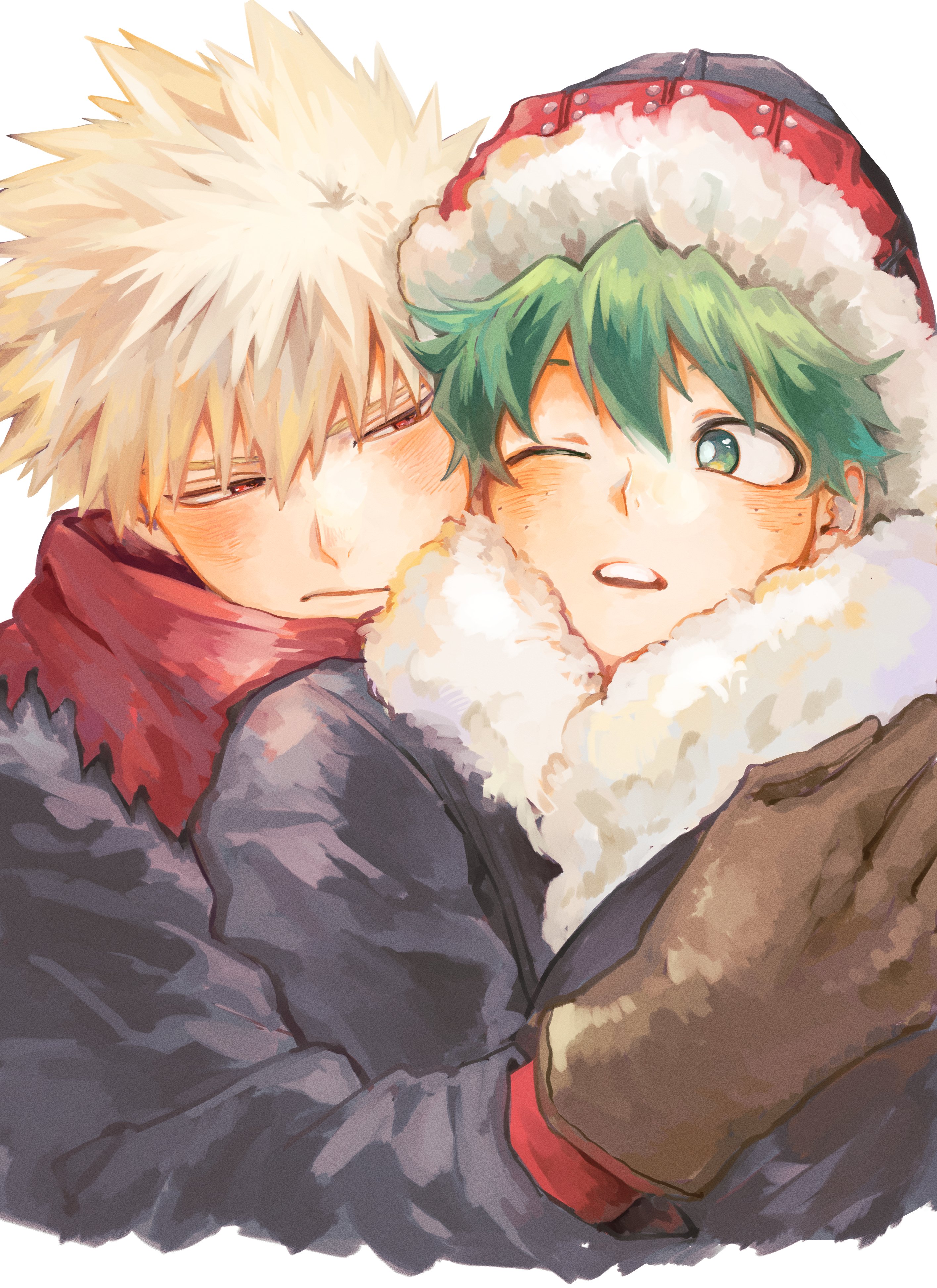 k90108119, bakugou katsuki, midoriya izuku, boku no hero academia, absurdres, commentary request, highres, 2boys, blonde hair, blush, brown gloves, closed mouth, freckles, gloves, green eyes, green hair, hug, hug from behind, male focus, multiple boys, one eye closed, red eyes, short hair, simple background, spiked hair, teeth, upper body, upper teeth only, white background, winter clothes, yaoi