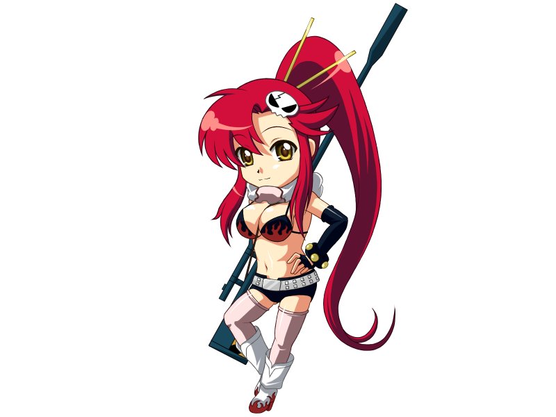 yoko littner, tengen toppa gurren lagann, tagme, 00s, 1girl, anti-materiel rifle, chibi, female focus, gun, rifle, simple background, sniper rifle, solo, thighhighs, weapon