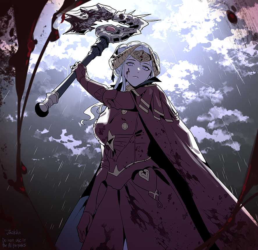 byuub, edelgard von hresvelg, edelgard von hresvelg (timeskip), fire emblem, fire emblem: three houses, nintendo, 1girl, arm up, armor, axe, battle axe, blood, blood splatter, cape, closed mouth, cloud, cloudy sky, collared coat, double bun, dress, fake horns, hair bun, head tilt, headpiece, holding, holding axe, horns, looking at viewer, outdoors, pov, purple eyes, rain, red cape, red dress, shade, sky, solo, storm, weapon, white hair