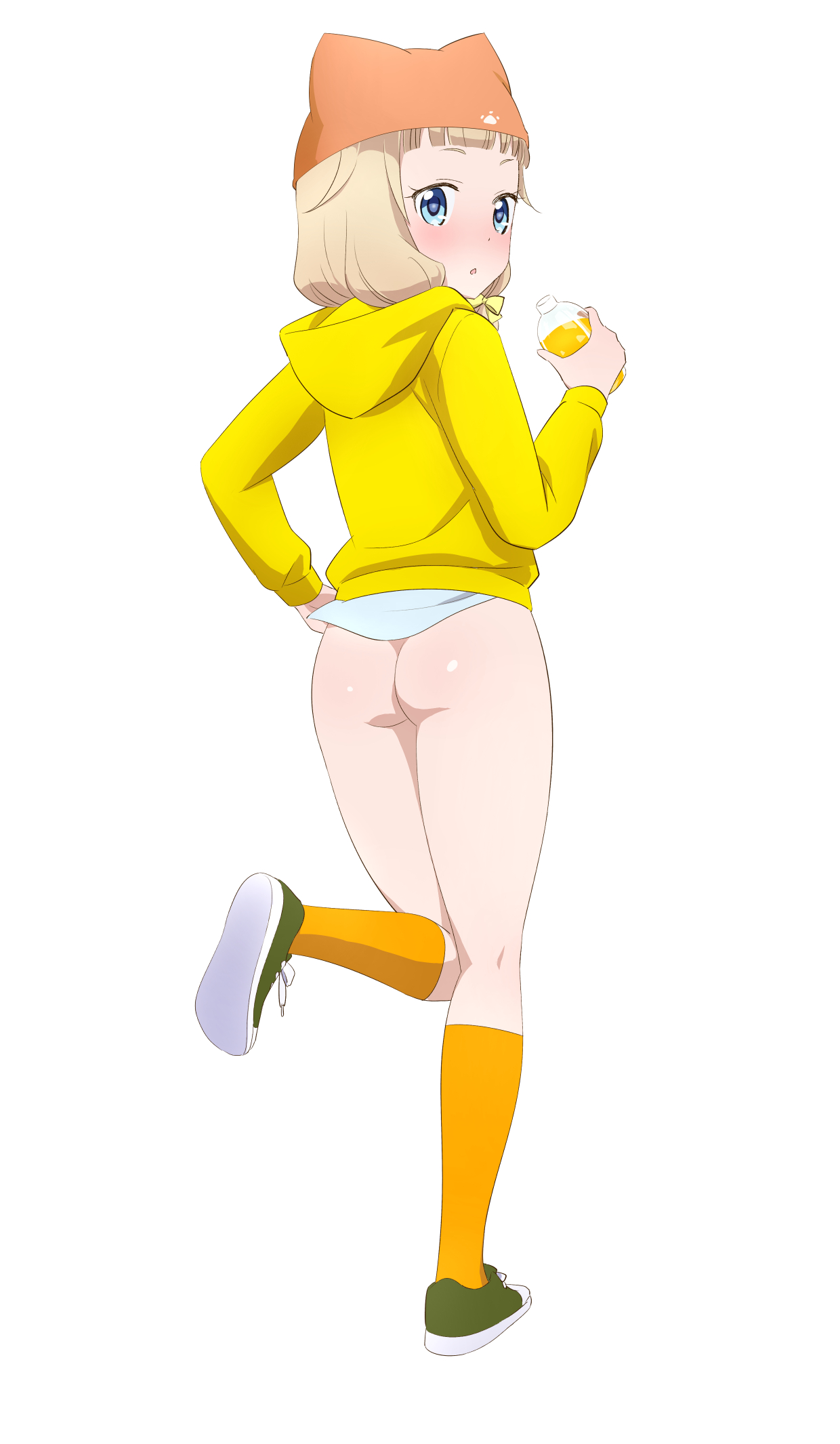 komatsu (sakanae), sakura nene, new game!, commission, highres, pixiv commission, 1girl, 2025, ass, back, blonde hair, blue eyes, blush, bottomless, bow, green shoes, hair bow, hair ornament, hat, holding, hood, hoodie, looking at viewer, no panties, orange hat, shoe soles, shoes, short hair, solo, standing, standing on one leg, thighhighs, thighs, white background, yellow hoodie