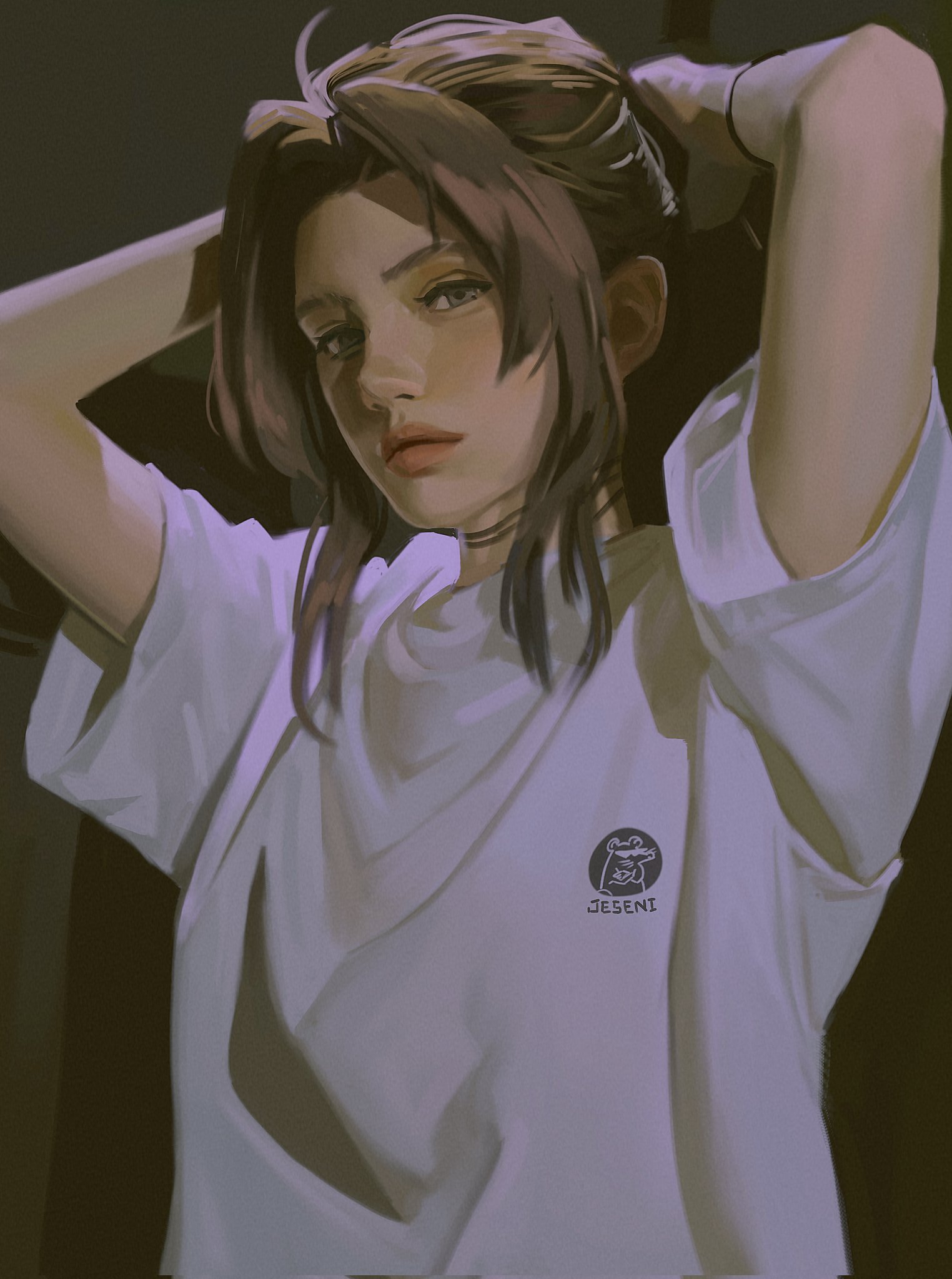 aerith gainsborough, final fantasy, final fantasy vii, highres, 1girl, ahoge, alternate costume, artist name, breasts, brown hair, green eyes, hands in own hair, jeseni, long hair, looking at viewer, medium breasts, parted bangs, print shirt, shirt, sidelocks, solo, t-shirt, upper body, white shirt