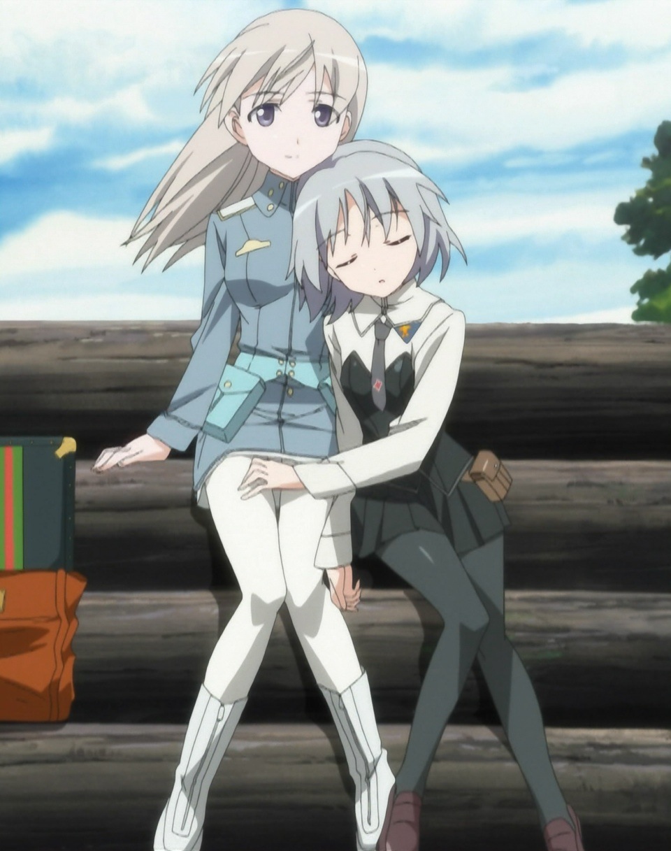 eila ilmatar juutilainen, sanya v. litvyak, strike witches, world witches series, uniform, anime screenshot, highres, stitched, third-party edit, 00s, 2girls, black pantyhose, multiple girls, pantyhose, sleeping, white pantyhose