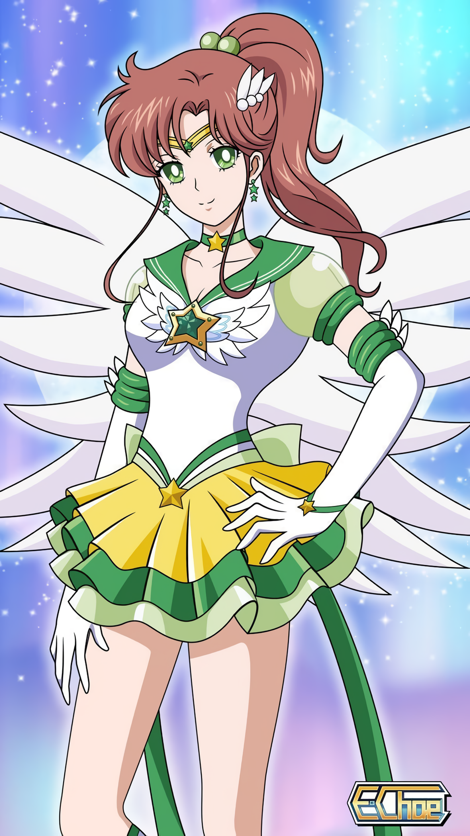 e.choe (artist), eternal sailor jupiter, kino makoto, sailor jupiter, super sailor jupiter, super sailor jupiter (stars), adult swim, bishoujo senshi sailor moon, bishoujo senshi sailor moon r, bishoujo senshi sailor moon r: the movie, bishoujo senshi sailor moon s, bishoujo senshi sailor moon s: the movie, bishoujo senshi sailor moon s the movie: kaguya-hime no koibito, bishoujo senshi sailor moon supers, bishoujo senshi sailor moon supers: the movie, bishoujo senshi sailor moon supers the movie: sailor 9 senshi shuuketsu! black dream hole no kiseki, toei company, toonami, 1girl, angel wings, brown hair, green eyes, sailor senshi uniform, solo, wings