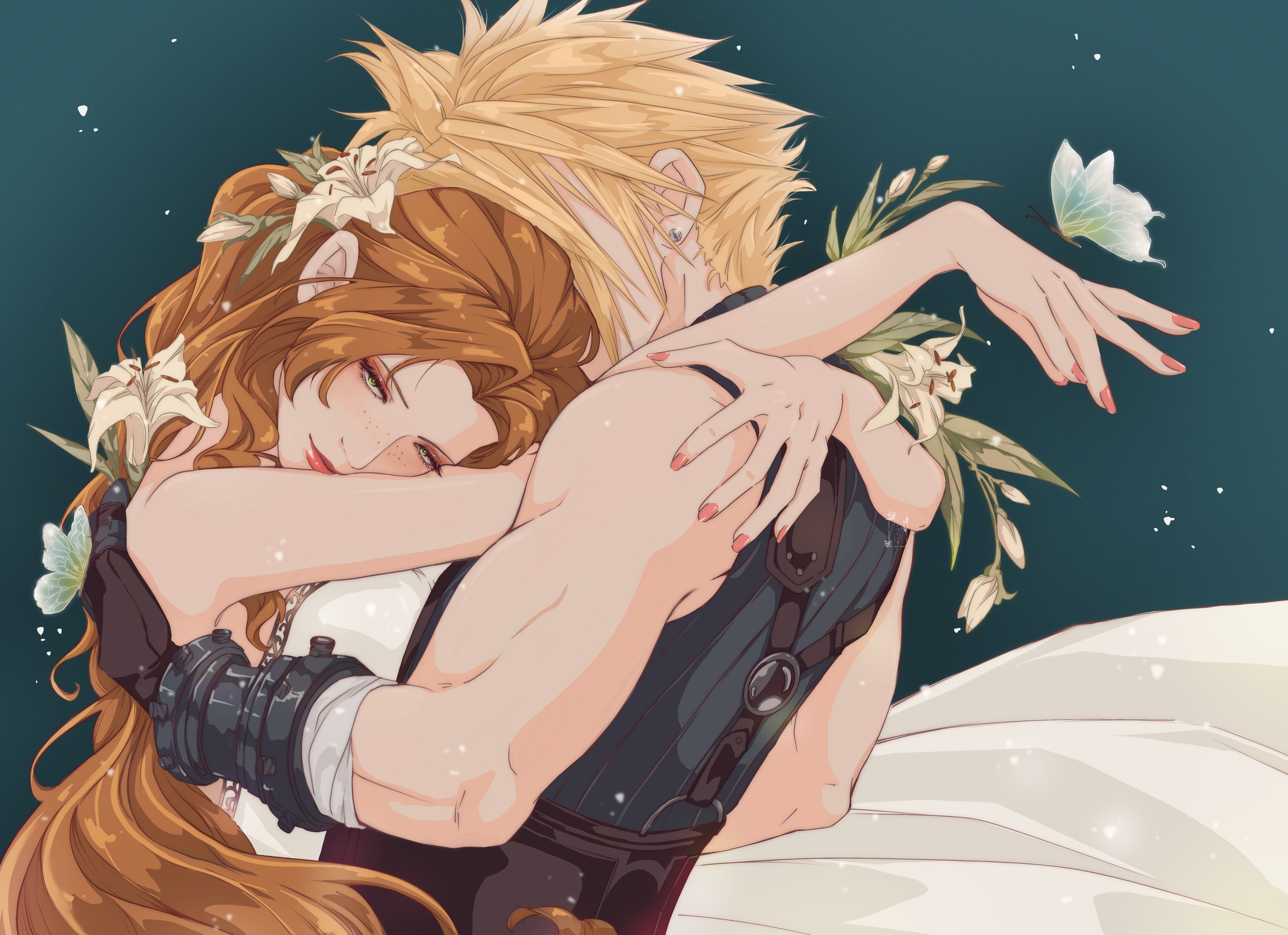 shanlieart, aerith gainsborough, aerith gainsborough (white floral dress), cloud strife, final fantasy, final fantasy vii, final fantasy vii rebirth, final fantasy vii remake, absurdres, derivative work, highres, 1boy, 1girl, arm around back, armored gloves, bandaged arm, bandages, bare shoulders, belt, blonde hair, blue background, breasts, brown belt, brown hair, bug, butterfly, closed mouth, couple, dress, earrings, flower, freckles, gold trim, green eyes, hair flower, hair ornament, half-closed eyes, hand on another's shoulder, hetero, hug, insect, jewelry, light blush, lily (flower), long dress, long hair, medium breasts, muscular, muscular male, nail polish, parted bangs, pink nails, short hair, sidelocks, single earring, sleeveless, sleeveless turtleneck, smile, spiked hair, strapless, strapless dress, suspenders, turtleneck, upper body, wavy hair, white dress, yellow flower