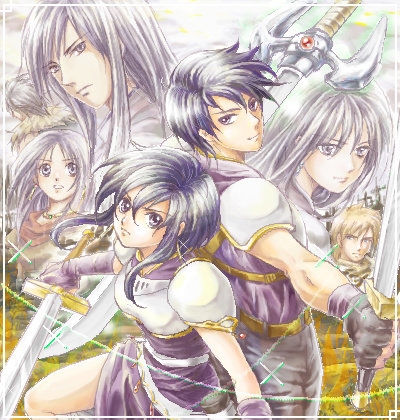 ayra (fire emblem), chulainn (fire emblem), galzus (fire emblem), larcei (fire emblem), mareeta (fire emblem), scathach (fire emblem), shannan (fire emblem), fire emblem, fire emblem: genealogy of the holy war, fire emblem: thracia 776, nintendo, lowres, 3girls, 4boys, armor, black hair, brother and sister, fingerless gloves, gloves, long hair, multiple boys, multiple girls, oekaki, purple eyes, short hair, siblings, sword, weapon
