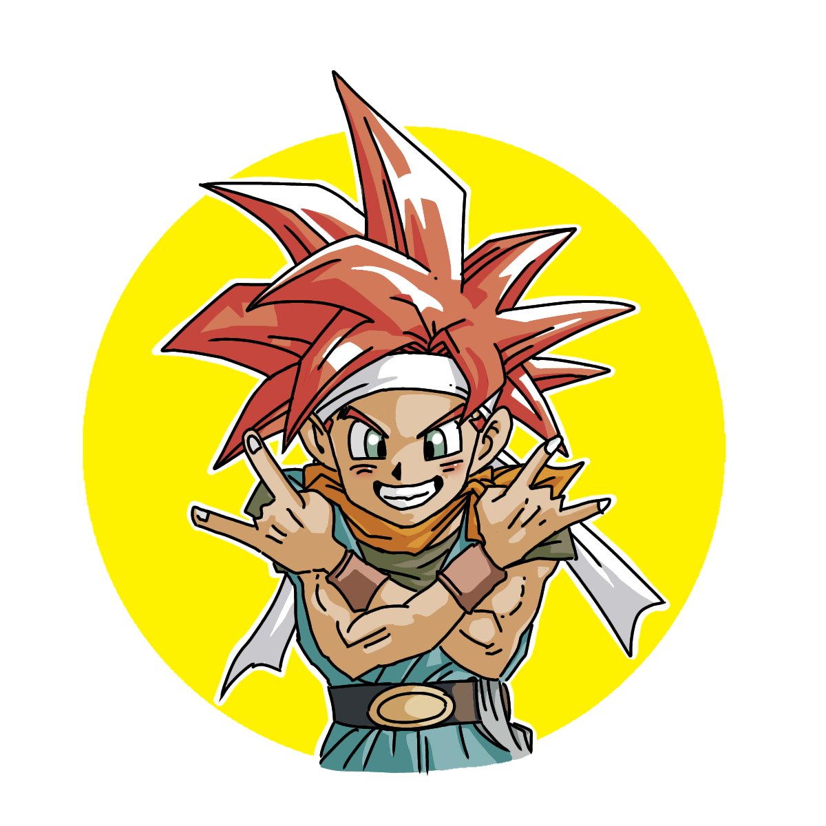 tcgf 04, crono (chrono trigger), chrono trigger, highres, 1boy, aqua tunic, belt, blue eyes, border, bracer, crossed arms, grey shirt, grin, headband, looking at viewer, male focus, red eyes, shirt, short hair, smile, solo, spiked hair, teeth, toriyama akira (style), tunic, upper body, white border, white headband, yellow background