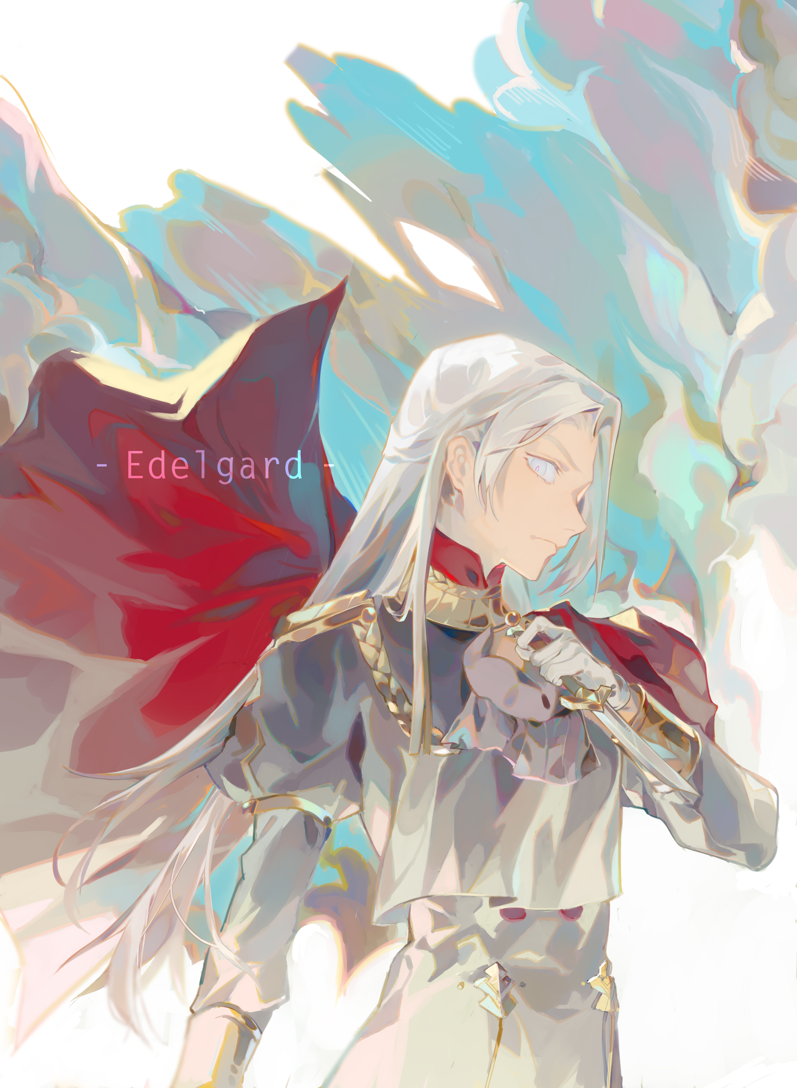huj, edelgard von hresvelg, fire emblem, fire emblem: three houses, nintendo, absurdres, chinese commentary, highres, 1girl, character name, closed mouth, dagger, english text, from side, garreg mach monastery uniform, gloves, holding, holding dagger, holding knife, holding weapon, knife, long sleeves, parted bangs, puffy long sleeves, puffy sleeves, solo, standing, weapon, white gloves, white hair