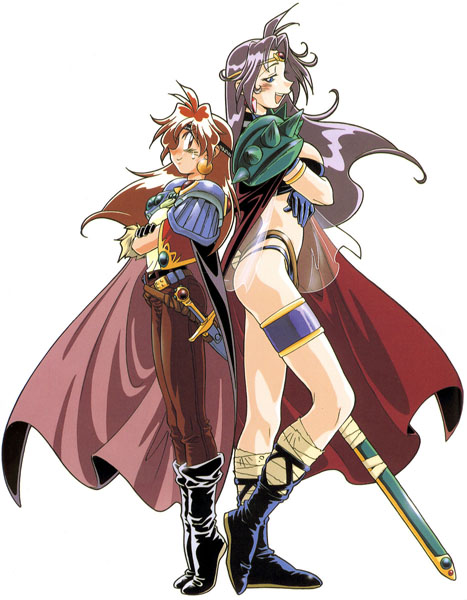 araizumi rui, lina inverse, naga the serpent, slayers, 1990s (style), 2girls, armlet, armor, back-to-back, blue eyes, boots, cape, circlet, crossed arms, earrings, full body, gloves, headband, height difference, jewelry, knee boots, long hair, multiple girls, open mouth, pauldrons, purple hair, red eyes, red hair, retro artstyle, shoulder armor, simple background, smile, standing, sweatdrop, sword, thigh strap, tiptoes, weapon