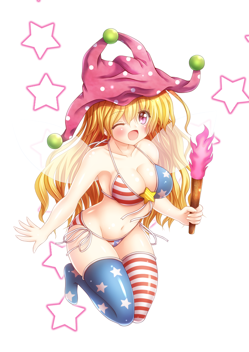 osashin (osada), clownpiece, touhou, commentary request, highres, 1girl, ;d, alternate breast size (larger), american flag, american flag bikini, american flag legwear, american flag print, asymmetrical legwear, bare arms, bikini, blonde hair, blue thighhighs, blush, breasts, cleavage, collarbone, fairy wings, fire, flag print, flag print bikini, full body, groin, hair between eyes, hat, holding, holding torch, jester cap, large breasts, long hair, mismatched legwear, navel, one eye closed, open mouth, polka dot headwear, print bikini, purple eyes, purple hair, side-tie bikini bottom, smile, solo, star (symbol), striped clothes, striped thighhighs, swimsuit, thighhighs, torch, very long hair, white background, wings