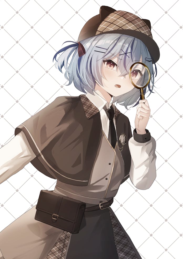 tsuruse, original, commentary, commission, english commentary, skeb commission, 1girl, black necktie, blue hair, bow, brown bag, brown bow, brown capelet, brown eyes, brown hat, brown skirt, brown vest, capelet, cowboy shot, deerstalker, detective, diamond-shaped pupils, diamond (shape), hair between eyes, hair bow, hair ornament, hairclip, hat, looking at viewer, looking through magnifying glass, magnifying glass, necktie, one side up, open mouth, plaid clothes, plaid skirt, shirt, short hair, skirt, solo, symbol-shaped pupils, vest, waist bag, white background, white shirt